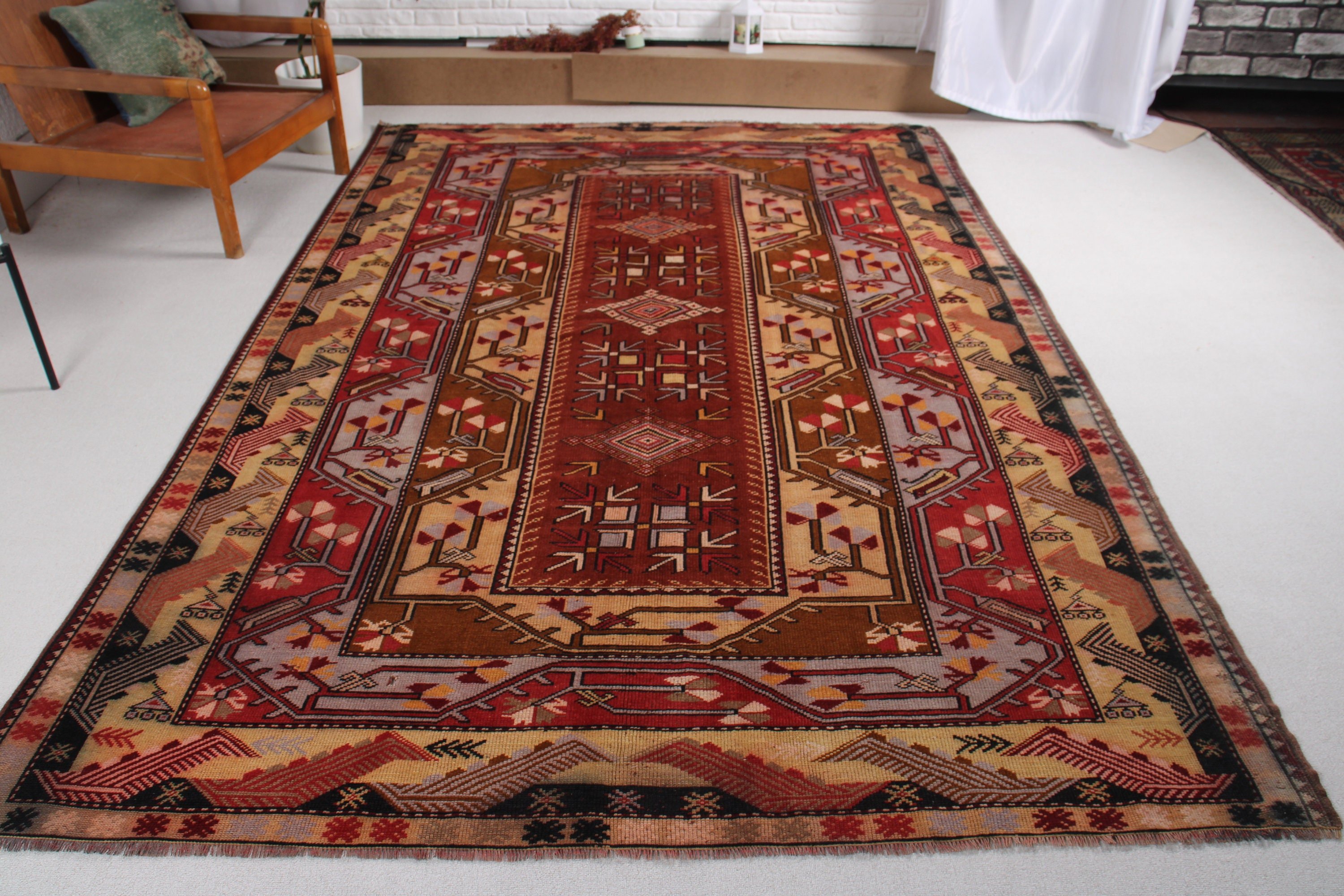 Türk Halıları, 6.6x9.6 ft Büyük Halılar, Kırmızı Yün Halılar, Antika Halı, Yatak Odası Halısı, Geleneksel Halılar, Salon Halısı, Vintage Halı, Büyük Oushak Halıları