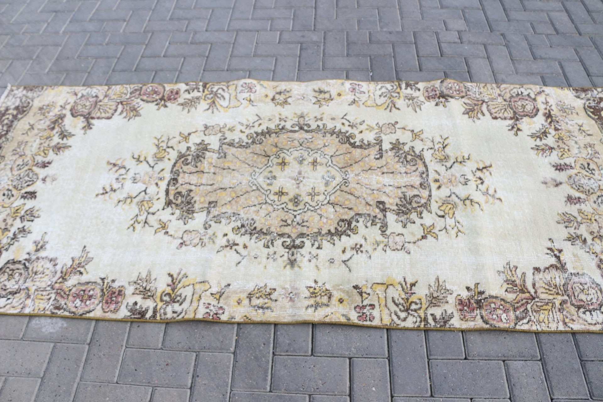 Vintage Halı, Antika Halı, Boho Halı, Bej Yün Halı, 3,4x8,1 ft Alan Halısı, Türk Halıları, Yer Halısı, Alan Halıları, Mutfak Halısı