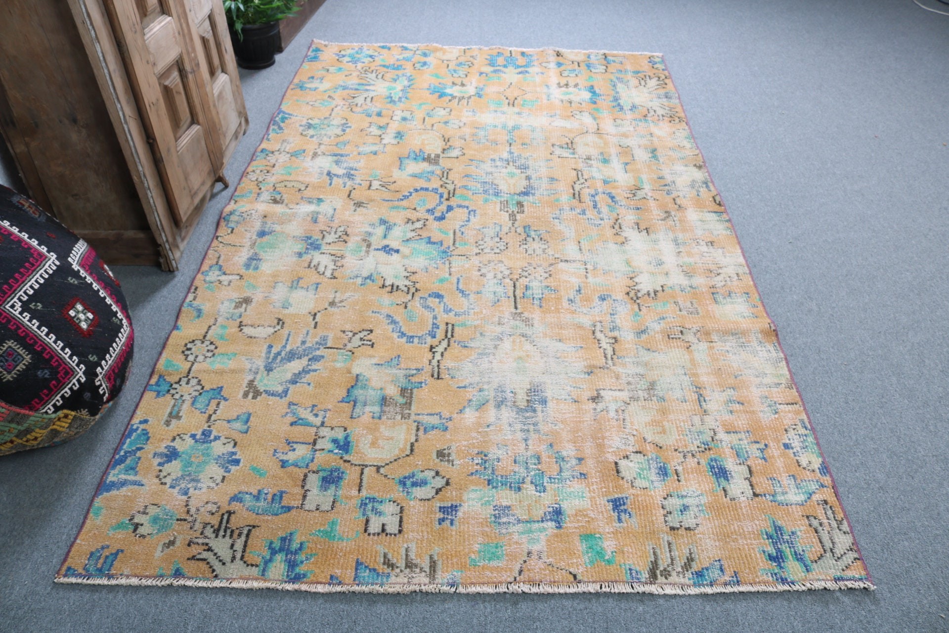 Sarı Havalı Halılar, Türk Halısı, Büyük Boho Halıları, Soğuk Halı, 5x8,2 ft Büyük Halılar, Büyük Oushak Halıları, Vintage Halılar, Bohem Halısı