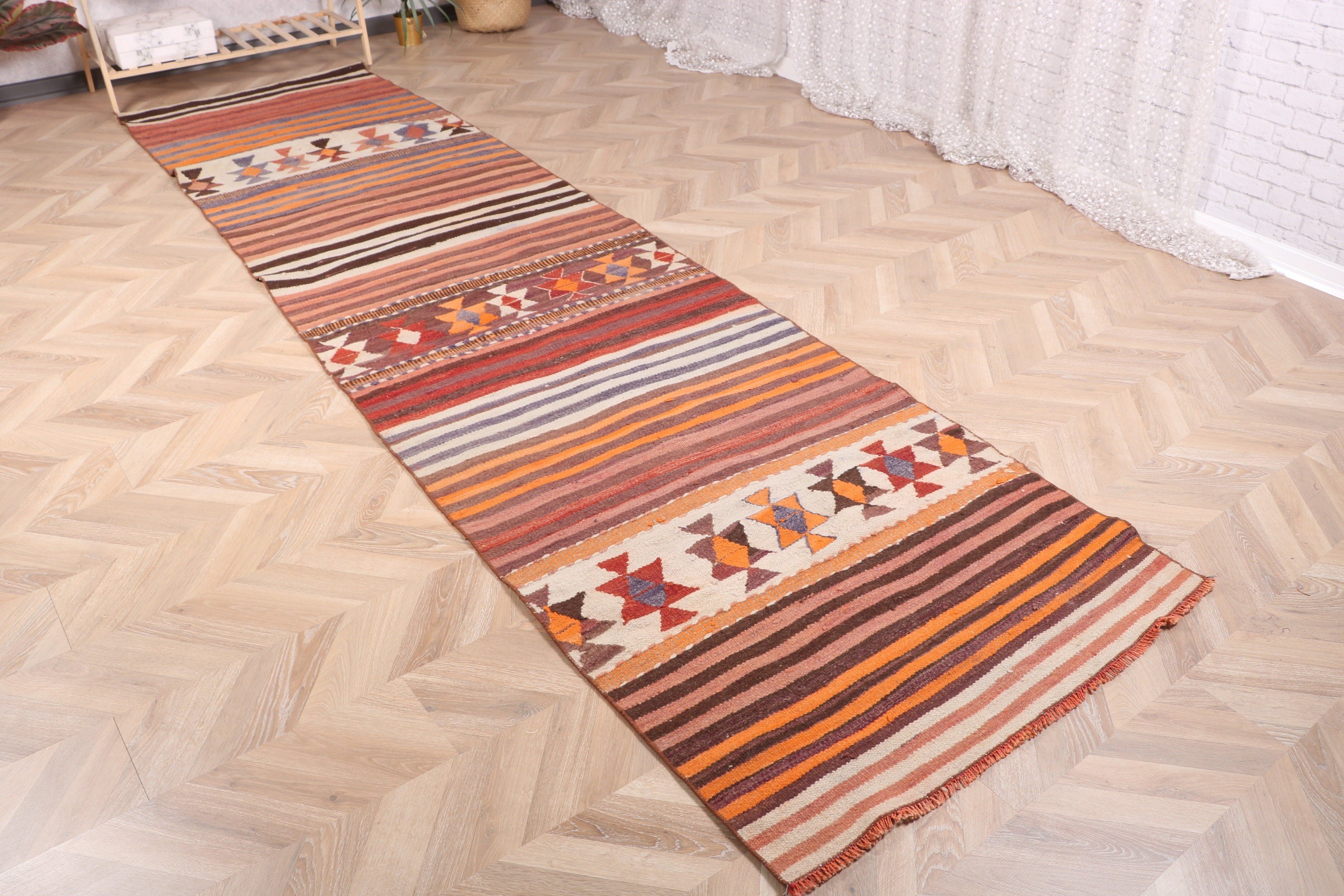 Uzun Koşucu için Halılar, Türk Halısı, 3,2x12,5 ft Runner Halısı, Vintage Runner Halıları, Turuncu Boho Halısı, Vintage Halı, Oushak Halısı, Yer Halıları