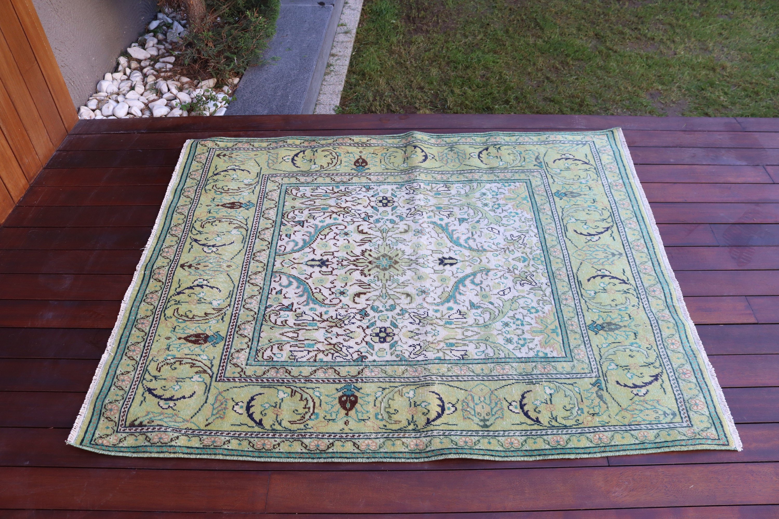 Türk Halıları, 3,8x4,7 ft Aksan Halıları, Boho Vurgu Halısı, Vintage Halı, Yatak Odası Halıları, Aztek Halısı, Fas Halısı, Yeşil El Dokuma Halısı, Mutfak Halısı