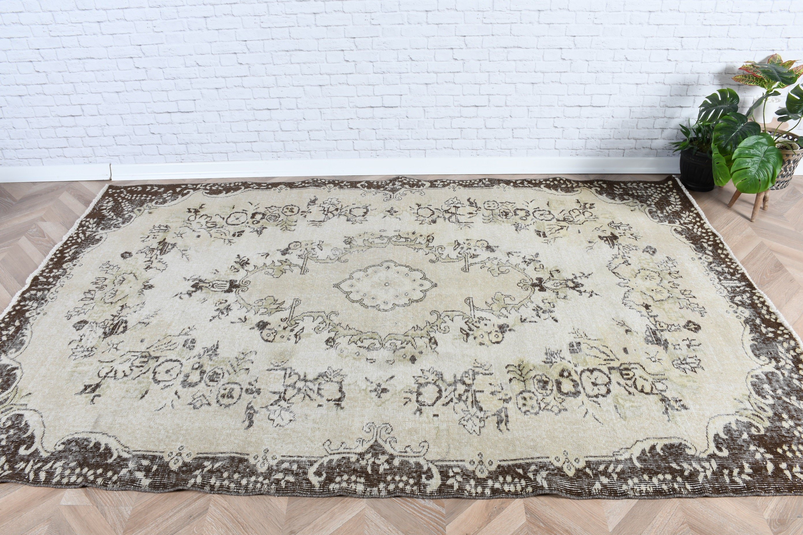 Büyük Oushak Halıları, Türk Halıları, Oturma Odası Halısı, Vintage Halı, El Dokuma Halıları, Bej Bildirimi Halısı, 5,5x8,7 ft Büyük Halı