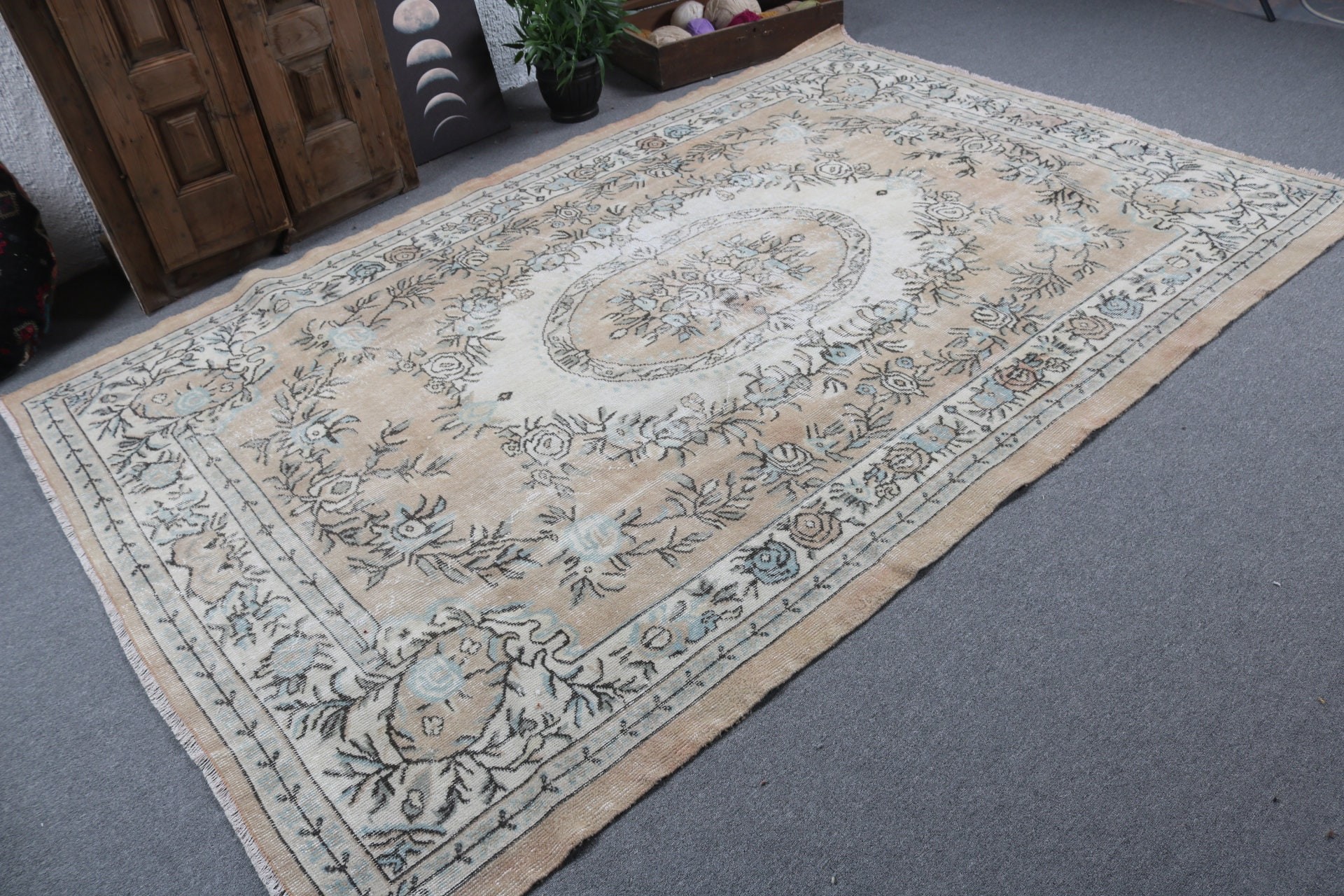 Bej Antika Halı, Vintage Halı, Yatak Odası Halısı, Lüks Halılar, Türk Halısı, Büyük Oushak Halısı, 6.2x9.4 ft Büyük Halı, Nötr Halı, Oturma Odası Halısı