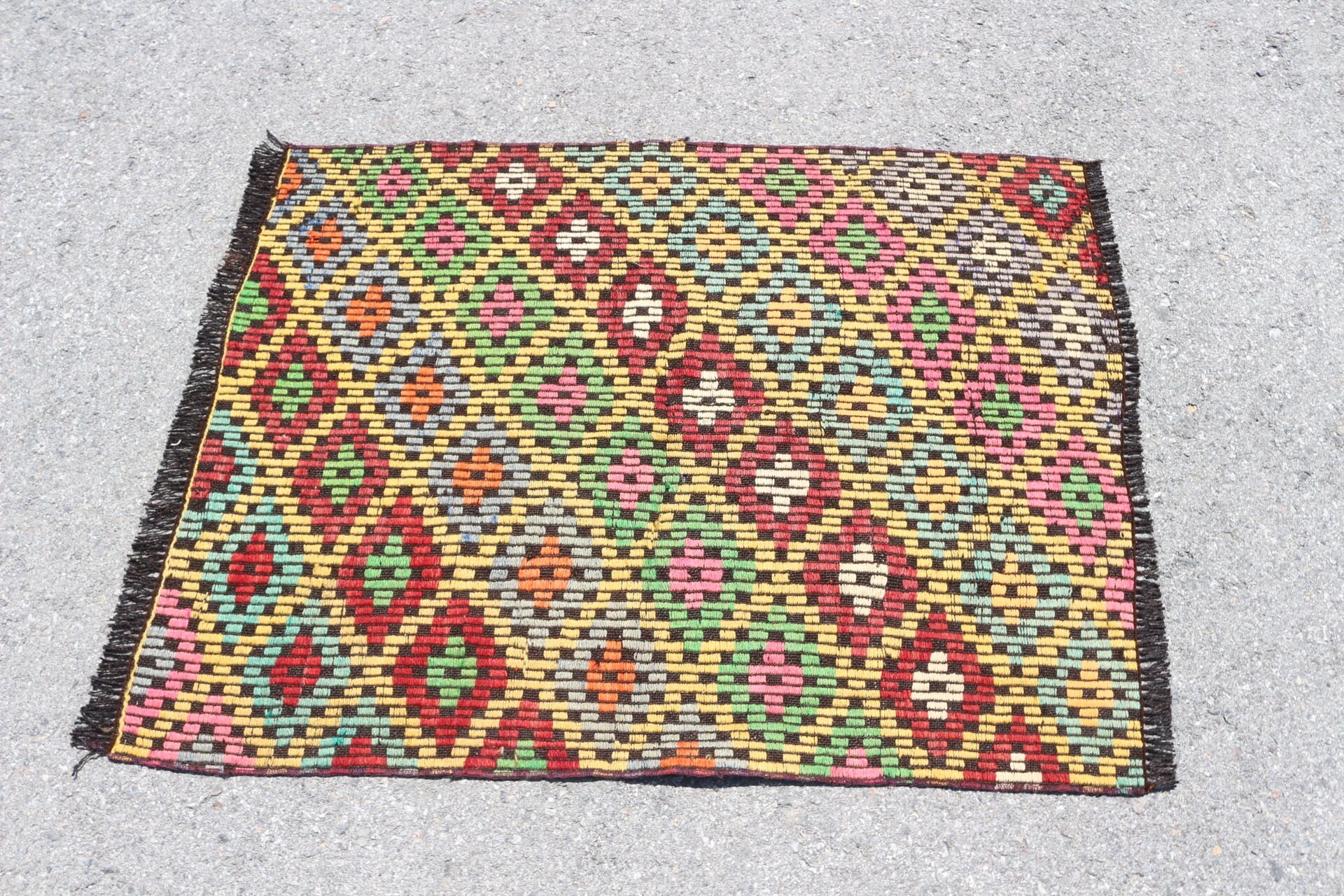 Antique Rug, Door Mat Rug, Muted Rugs, Kilim, Turkish Rug, Vintage Rugs, Bedroom Rug, Nursery Rugs, Yellow  3x3.8 ft Small Rug