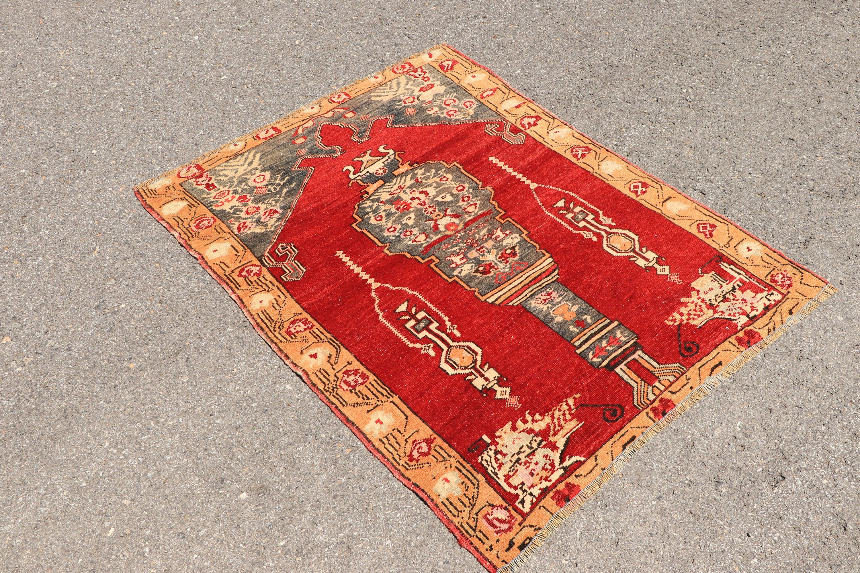 Bedroom Rug, Turkish Rugs, 3.7x4.6 ft Accent Rug, Kitchen Rug, Rugs for Kitchen, Vintage Rug, Nursery Rug, Red Antique Rug