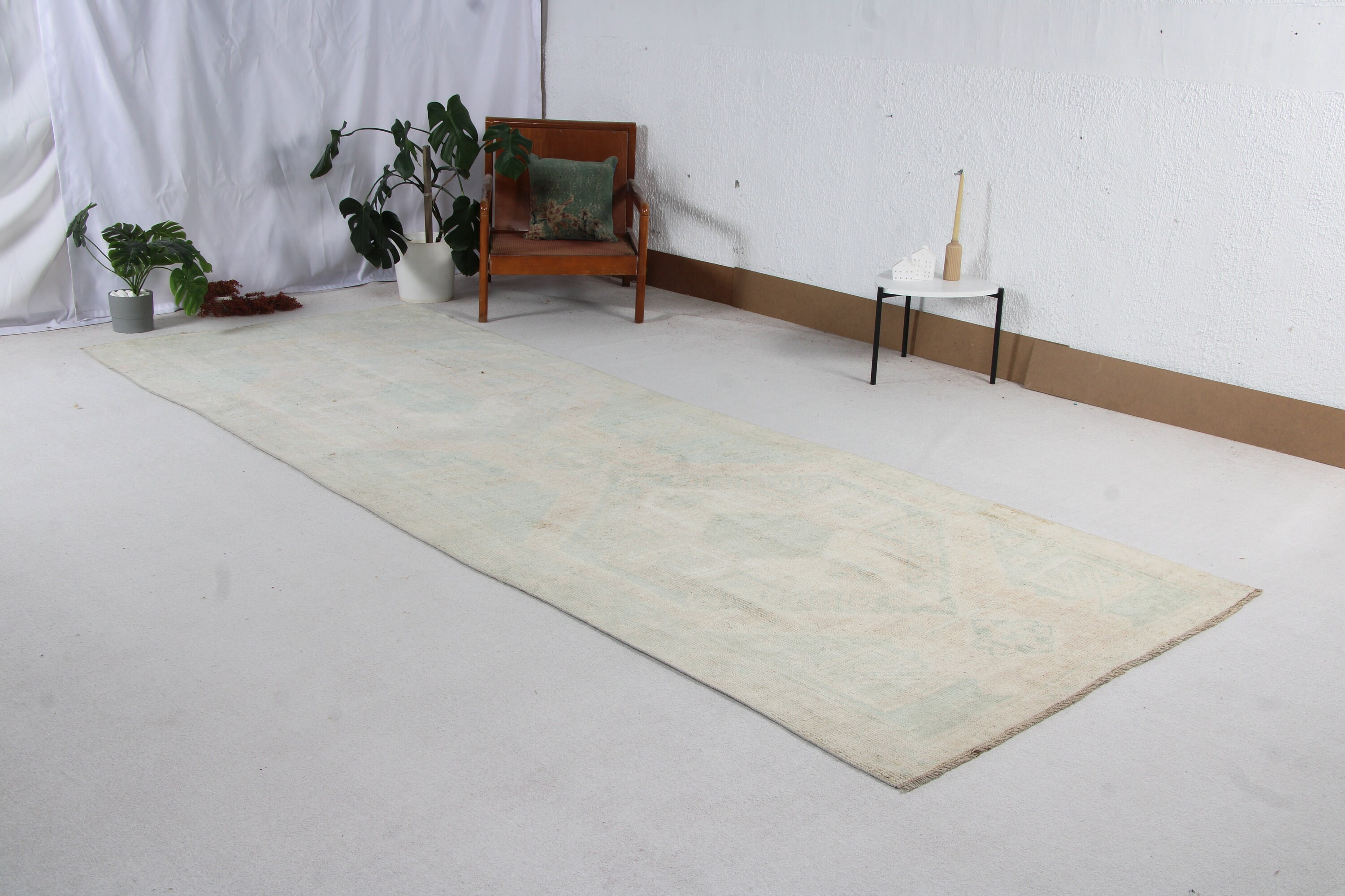 4.6x12.9 ft Runner Halı, Vintage Halılar, Oushak Halı, Boho Halı, Yatak Odası Halıları, Uzun Yolluk Halıları, Beyaz Antika Halılar, Koridor Halıları, Türk Halıları