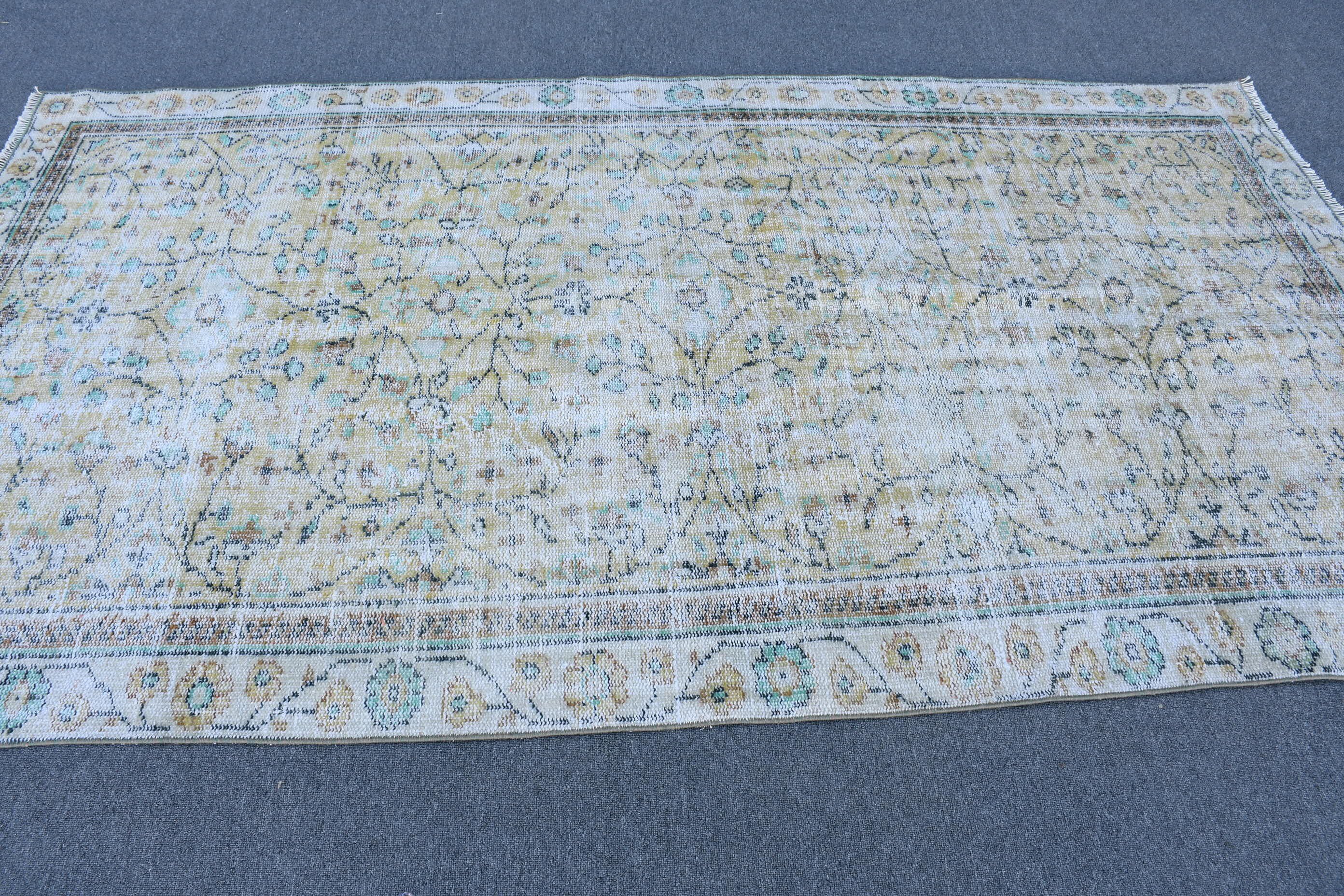 Vintage Halı, 4.8x8.8 ft Büyük Halı, Oushak Halısı, Salon Halısı, Yemek Odası Halısı, Türk Halıları, El Dokuma Halısı, Sarı Antika Halılar, Mutfak Halısı