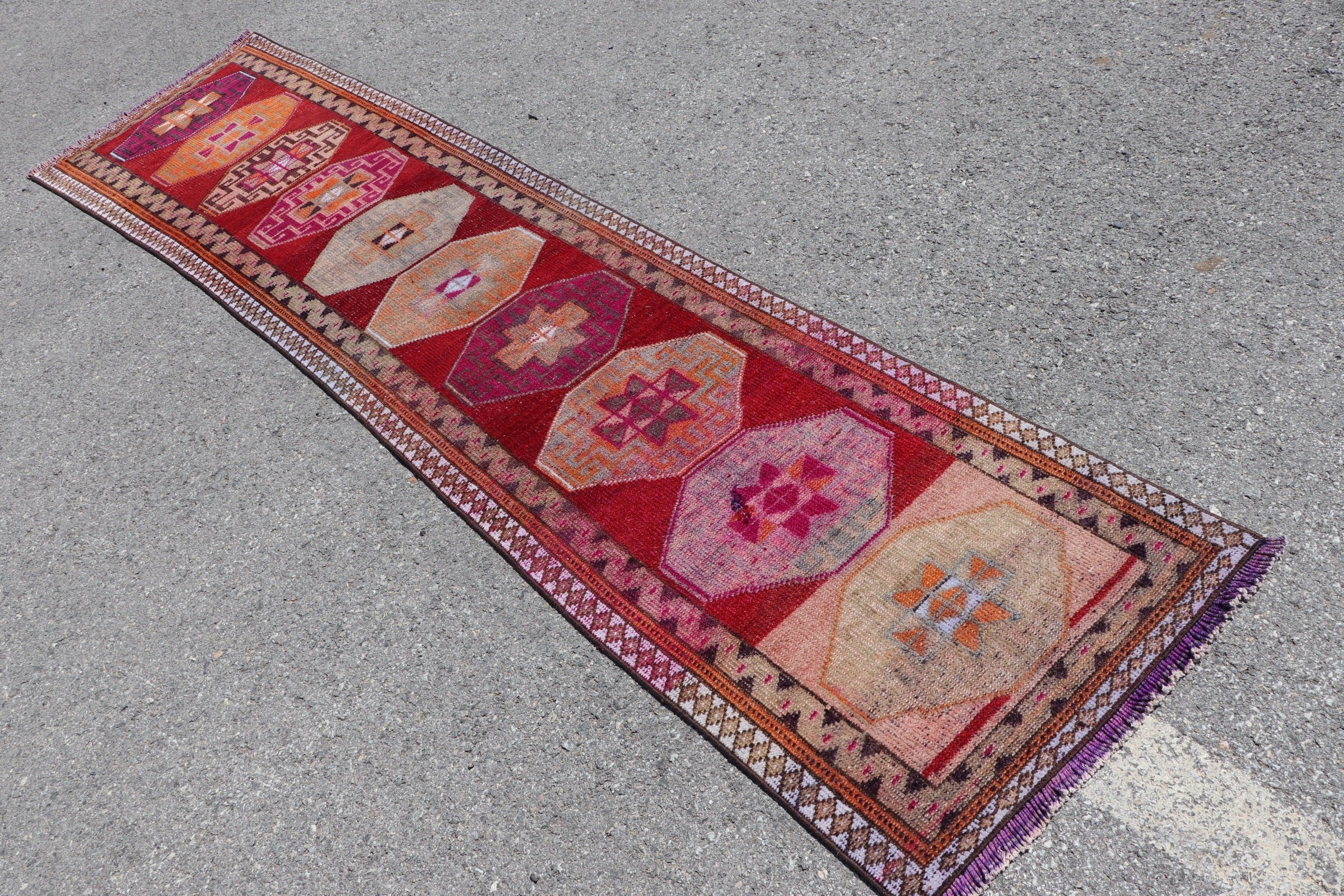 Red  2.3x10.2 ft Runner Rug, Antique Rug, Pale Rugs, Oriental Rug, Vintage Rug, Turkish Rugs, Kitchen Rug, Rugs for Stair