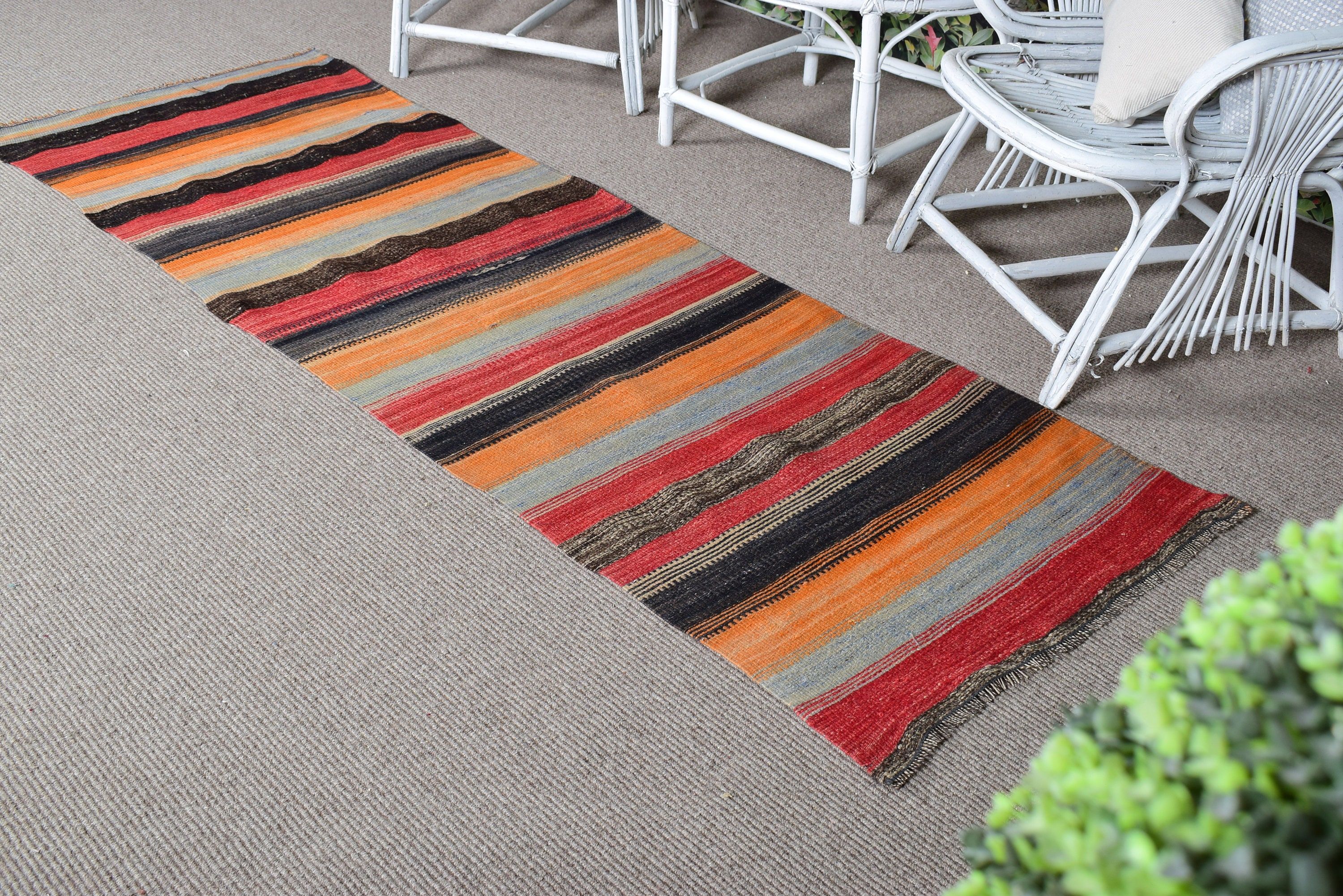 Turkish Rugs, Orange Boho Rugs, 2.4x7.3 ft Runner Rugs, Wool Rugs, Kitchen Rug, Vintage Rug, Kilim, Long Runner Rug