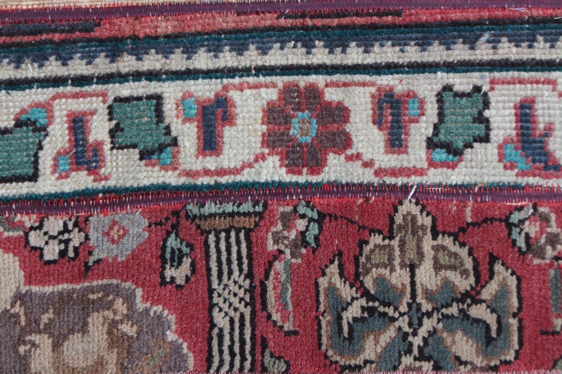 Yün Halı, Türk Halısı, 1.4x3.7 ft Küçük Halı, Kırmızı Oushak Halıları, Kapı Paspası Halıları, Vintage Halılar, Yatak Odası Halıları, Giriş Halısı, Antika Halılar