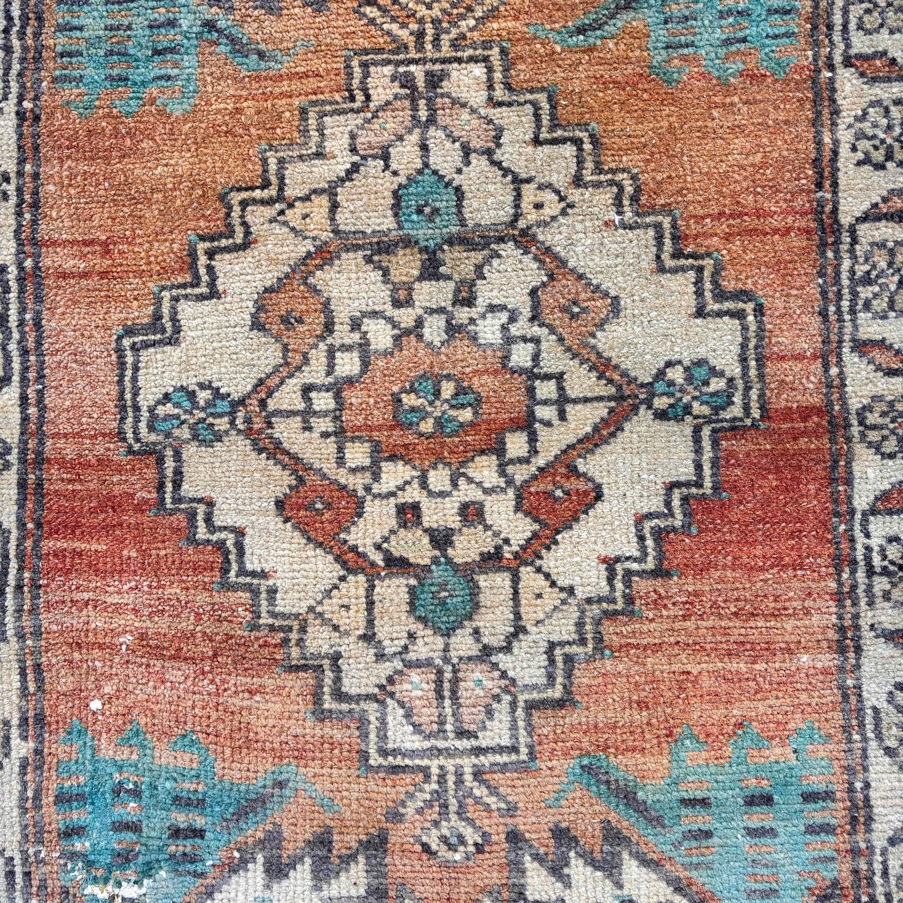 Kapı Paspası Halısı, Vintage Halı, 1.8x3.6 ft Küçük Halılar, Yatak Odası Halısı, Türk Halıları, Turuncu Yün Halı, Geometrik Halılar, Yer Halısı, Etnik Halılar