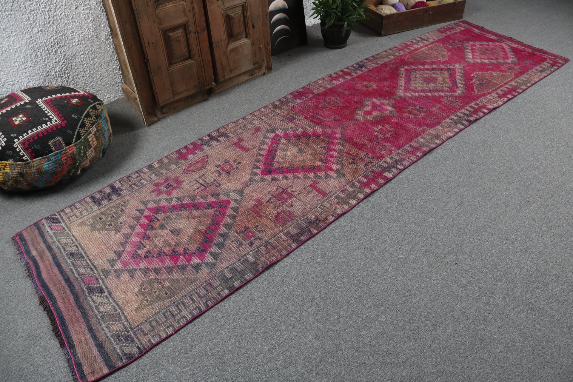 Oriental Rugs, Turkish Rug, Turkey Rug, Pink Geometric Rug, Bohemian Rug, Hallway Rugs, Kitchen Rugs, 2.8x10.4 ft Runner Rugs, Vintage Rugs