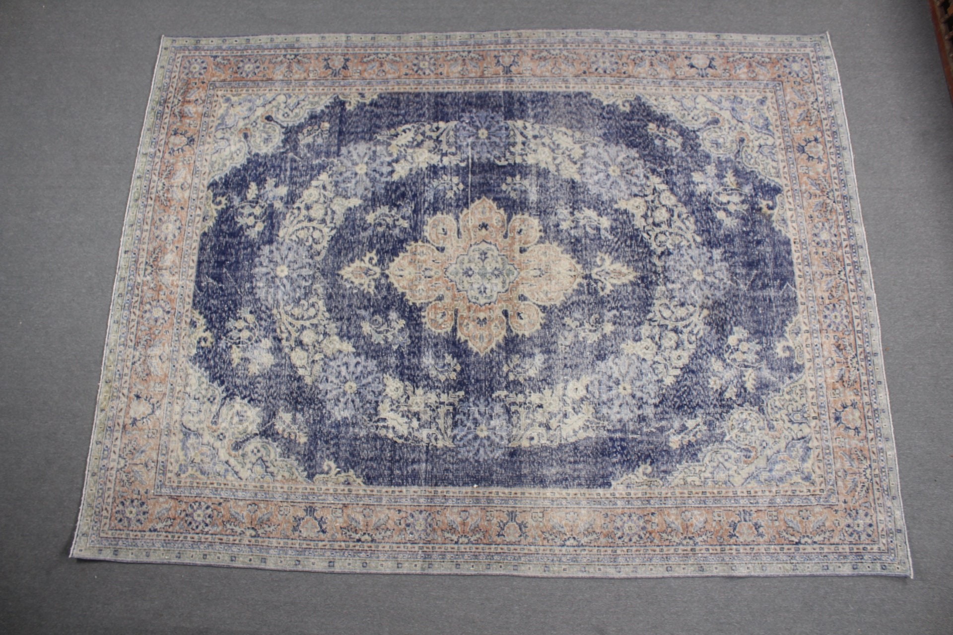 Living Room Rugs, Turkish Rug, Vintage Rug, Muted Rugs, Blue Oriental Rug, Salon Rug, 8.1x10.8 ft Oversize Rug, Kitchen Rug