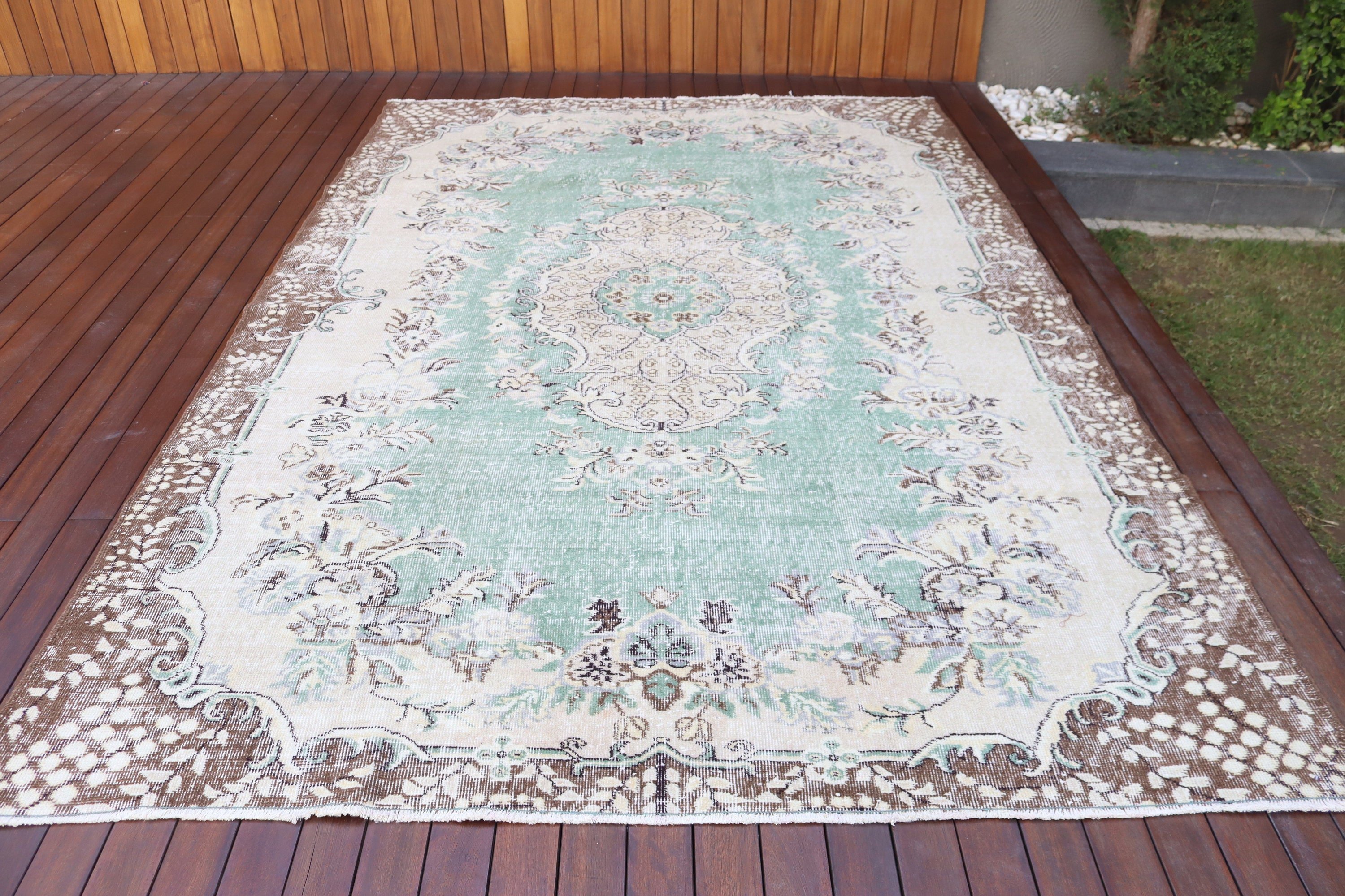 Vintage Halı, Büyük Boy Vintage Halılar, Fas Halıları, 6.9x10.3 ft Büyük Boy Halı, Salon Halıları, Türk Halısı, Yeşil El Dokuma Halı, Anadolu Halısı