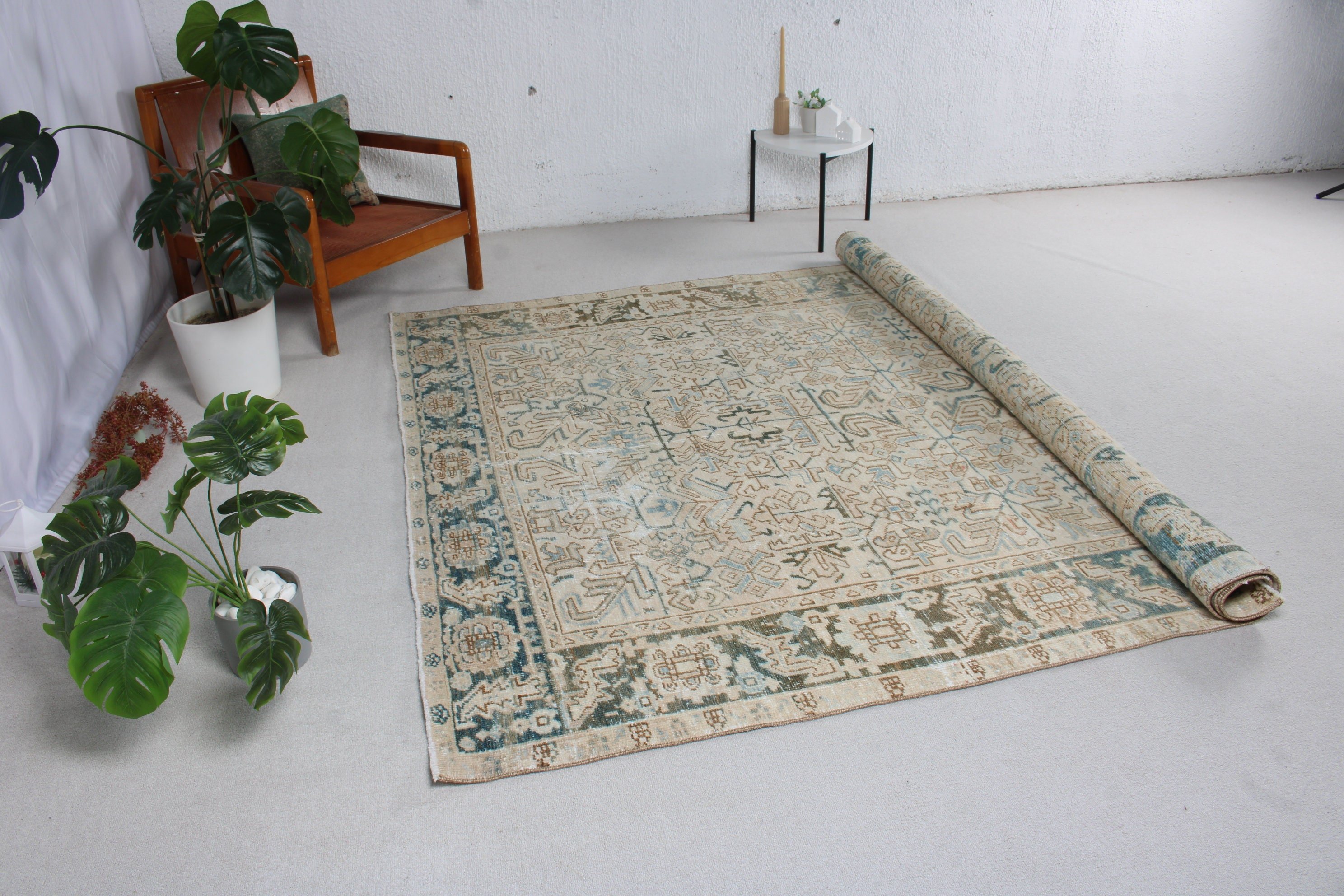 Yatak Odası Halısı, Bildiri Halısı, Vintage Halı, El Dokuma Halılar, Büyük Oushak Halıları, Bej Boho Halısı, Türk Halıları, 7x8,5 ft Büyük Halı, Boho Halıları