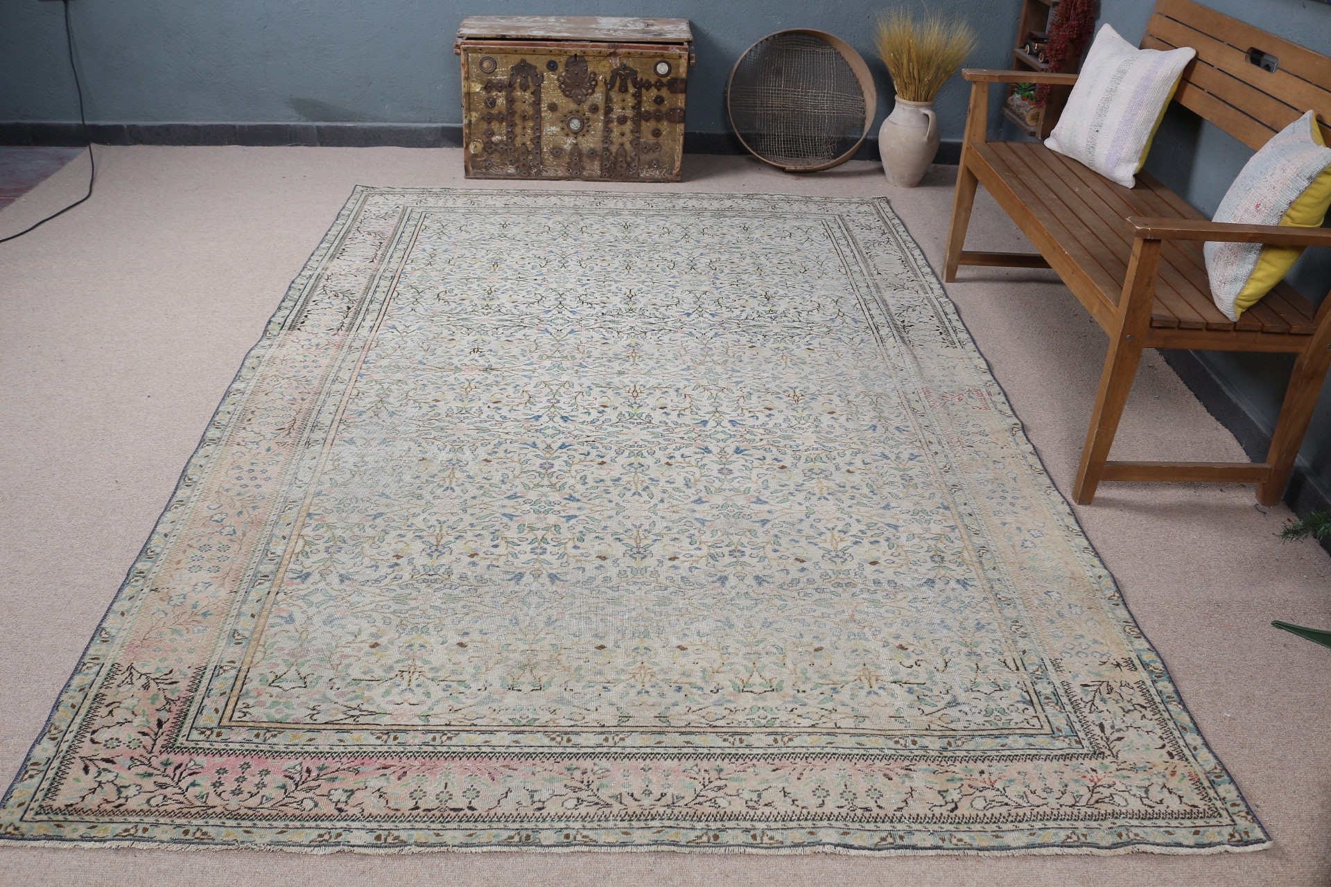 Vintage Halı, Fas Halıları, Oushak Halısı, Türk Halısı, 6.3x9.3 ft Büyük Halılar, Bej Ev Dekor Halıları, Yatak Odası Halıları, Boho Halısı, Yemek Odası Halısı