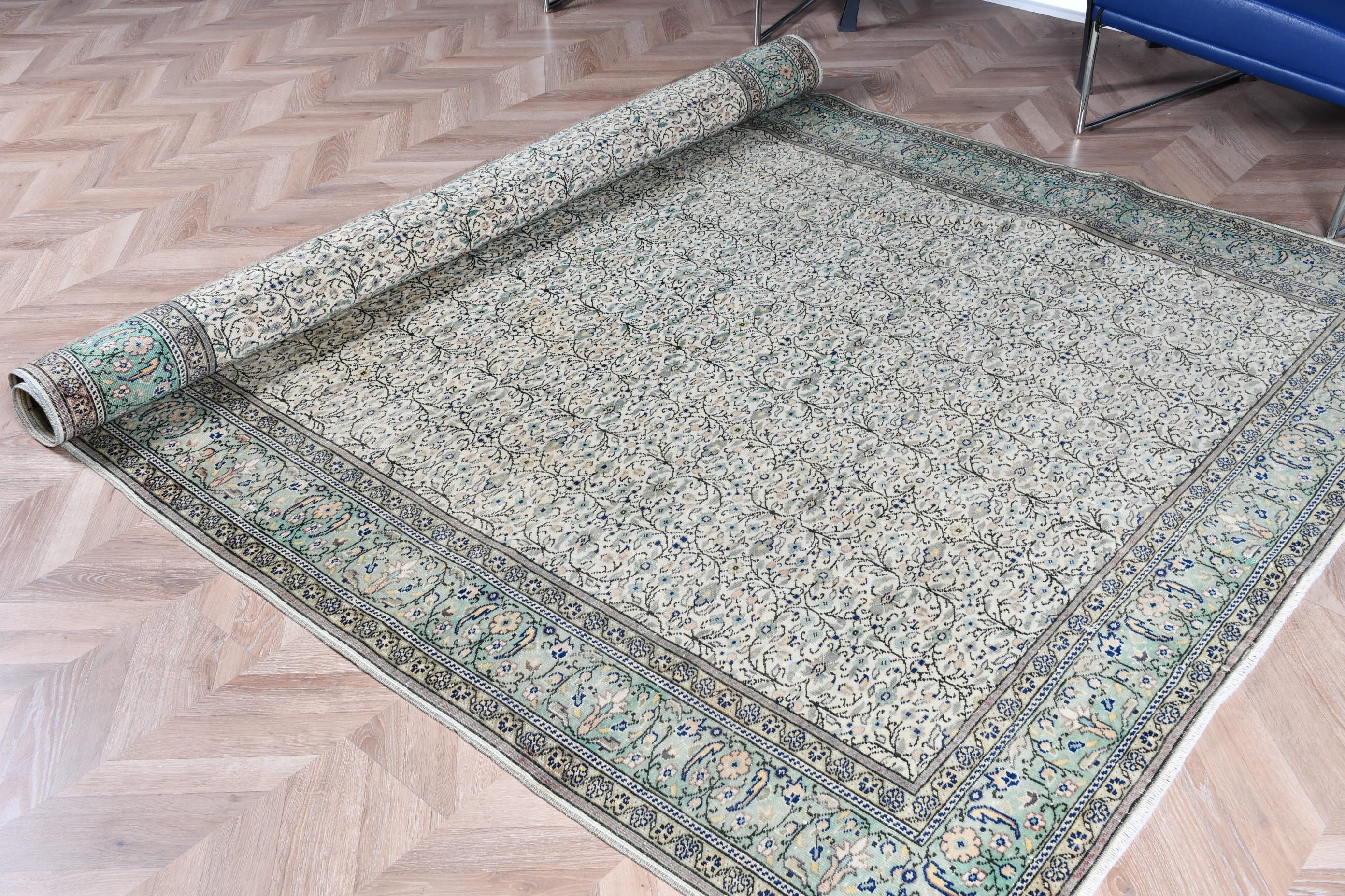 Türk Halısı, 6.5x9.4 ft Büyük Halı, Vintage Halı, Soluk Halı, Fas Halıları, Bej Oushak Halısı, Salon Halıları, Oturma Odası Halıları, Anadolu Halısı