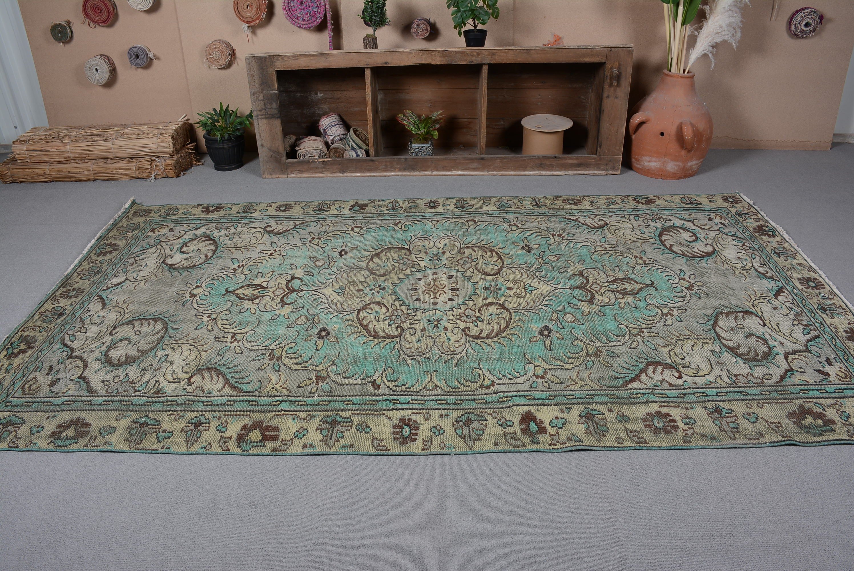 Salon Halıları, Soluk Halılar, Yemek Odası Halısı, Vintage Halı, Ev Dekorasyonu Halıları, Türk Halıları, Oushak Halıları, Yeşil 5.3x9.5 ft Büyük Halı