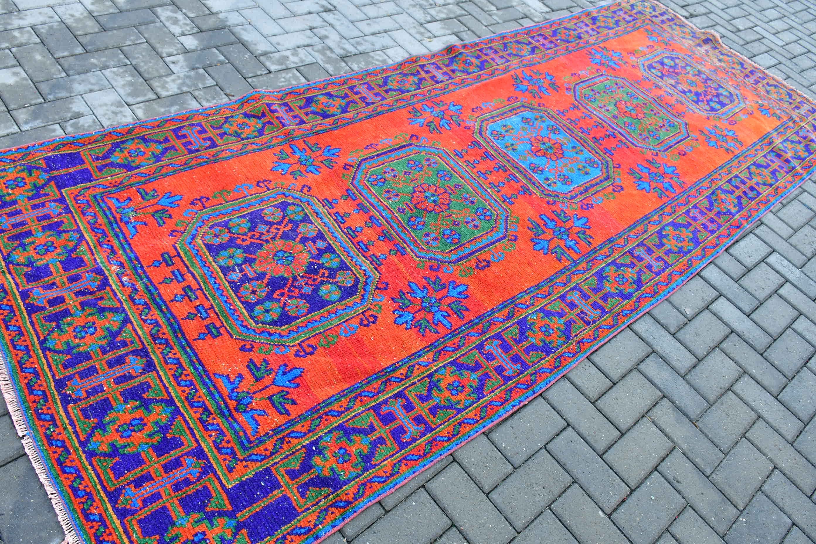 Vintage Rug, Turkish Rug, Kitchen Rugs, 4.3x11.5 ft Runner Rugs, Orange Wool Rugs, Rugs for Kitchen, Corridor Rugs, Pastel Rugs, Wool Rugs