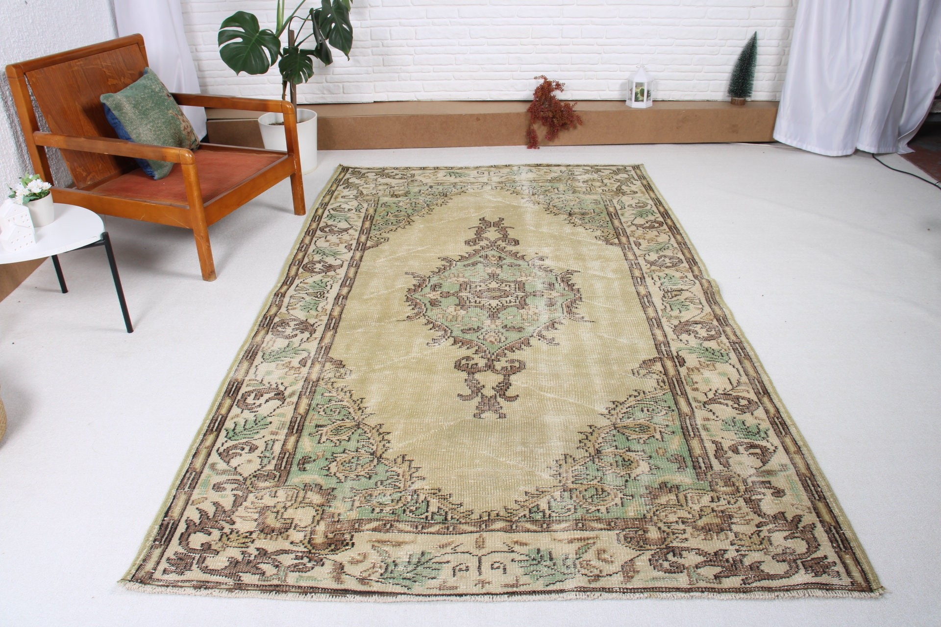 Büyük Boho Halı, Ev Dekor Halısı, 5.3x8.4 ft Büyük Halı, Türk Halısı, Dekoratif Halılar, Yeşil Antika Halı, Yatak Odası Halıları, Havalı Halılar, Vintage Halı