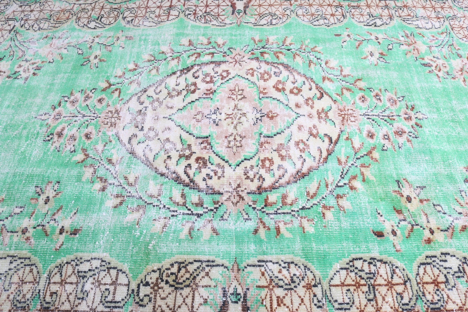 Vintage Halılar, Nötr Halılar, Oturma Odası Halıları, Büyük Vintage Halılar, Türk Halıları, Antika Halılar, 6.4x9.6 ft Büyük Halılar, Yeşil İfade Halıları