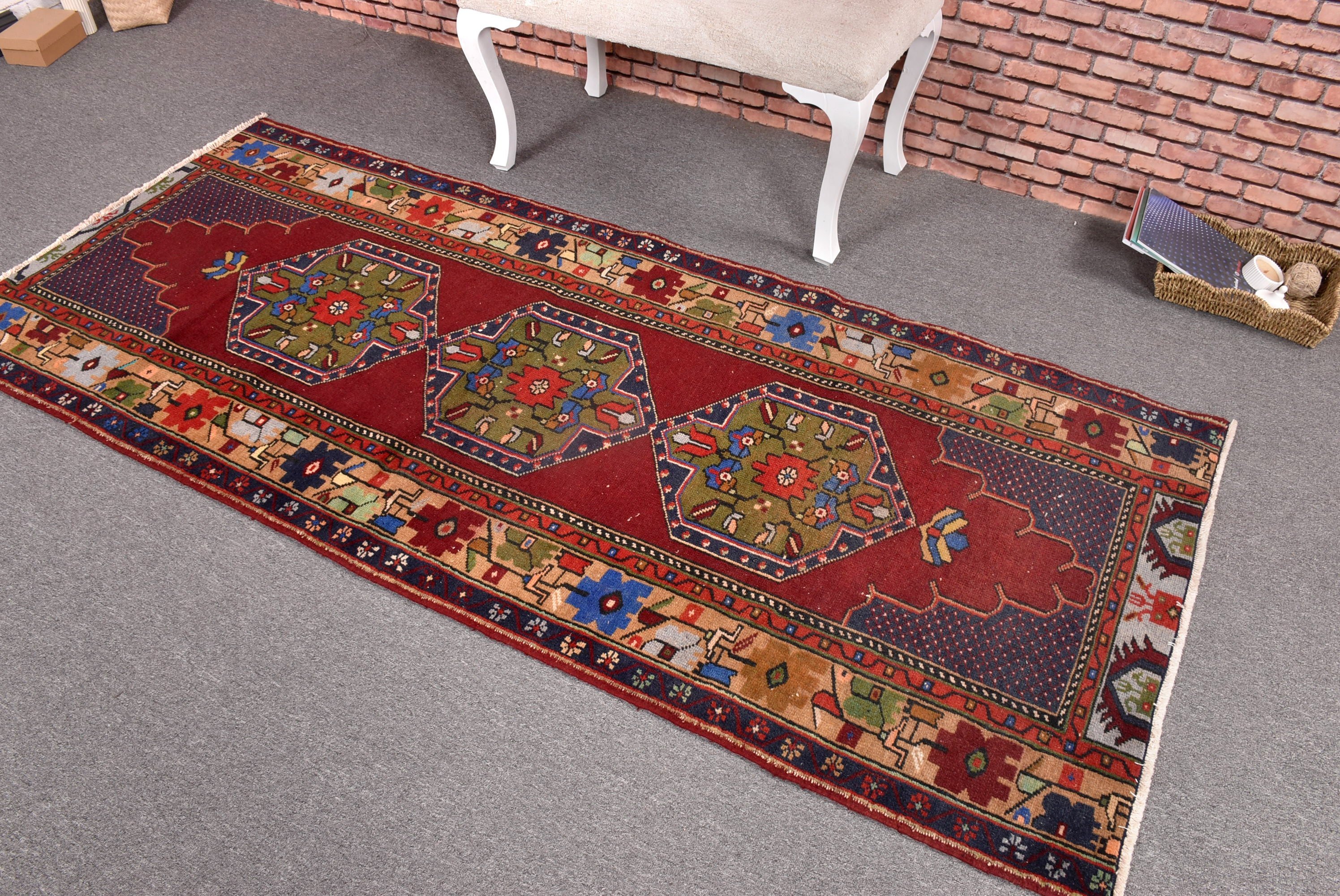 Moroccan Rugs, Rugs for Kitchen, Red Handwoven Rug, Turkish Rug, Living Room Rug, 3.3x7.8 ft Area Rugs, Vintage Rugs, Bedroom Rugs