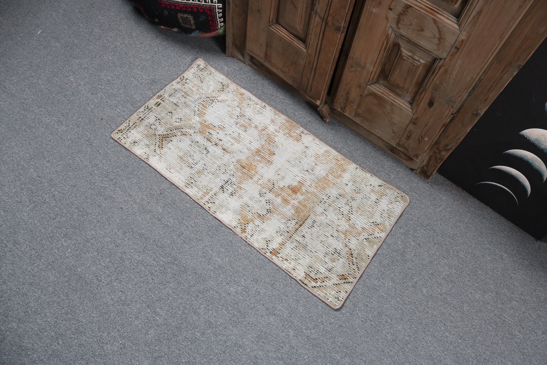 Bathroom Rugs, Vintage Rugs, Small Area Rug, Home Decor Rugs, Turkish Rugs, 1.4x3 ft Small Rug, Luxury Rug, Beige Floor Rug, Anatolian Rugs