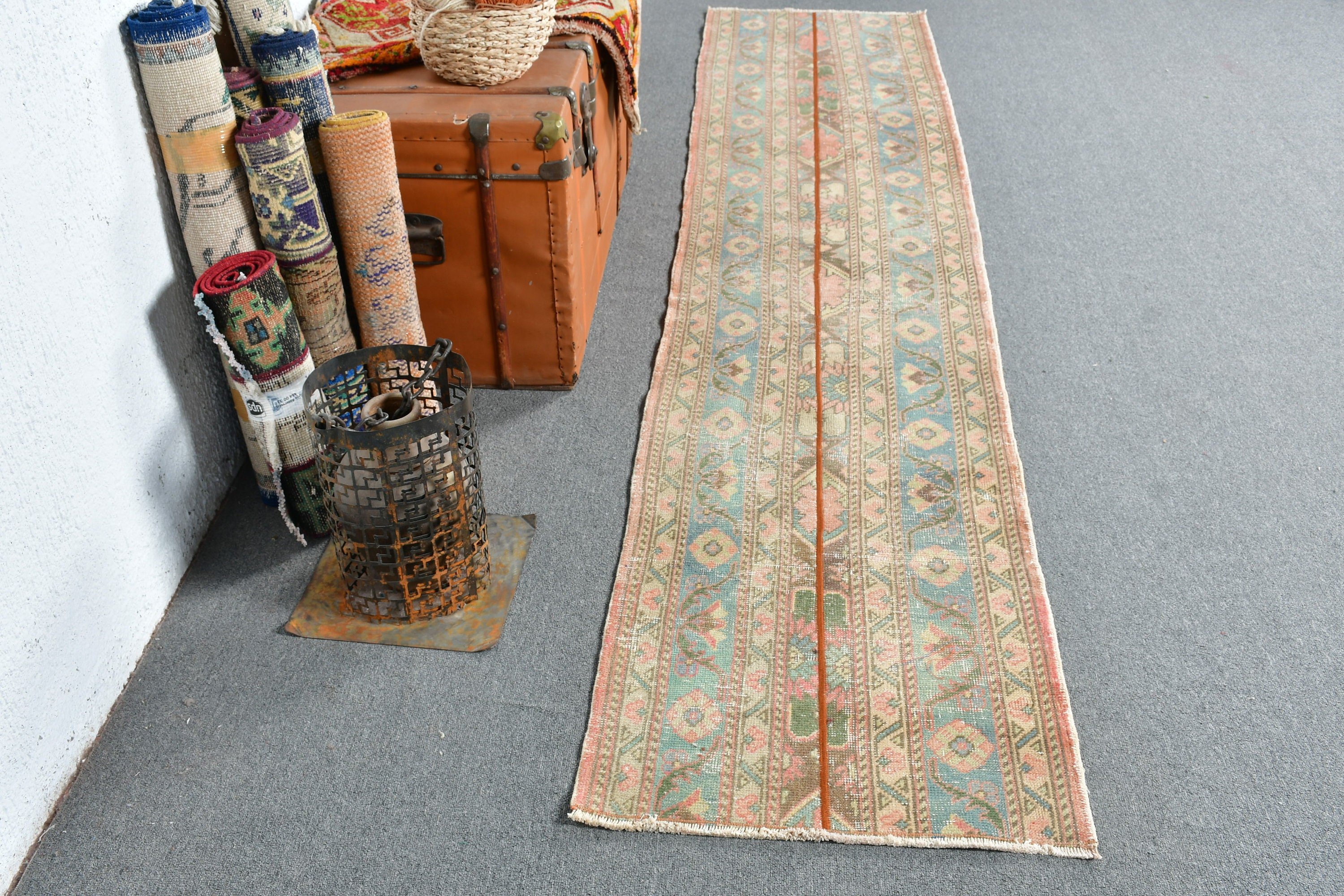 Oushak Halı, Merdiven Halısı, Yün Halı, 2.1x9.6 ft Runner Halısı, Vintage Halı, Kahverengi Oryantal Halı, Koridor Halıları, Koridor Halısı, Türk Halısı