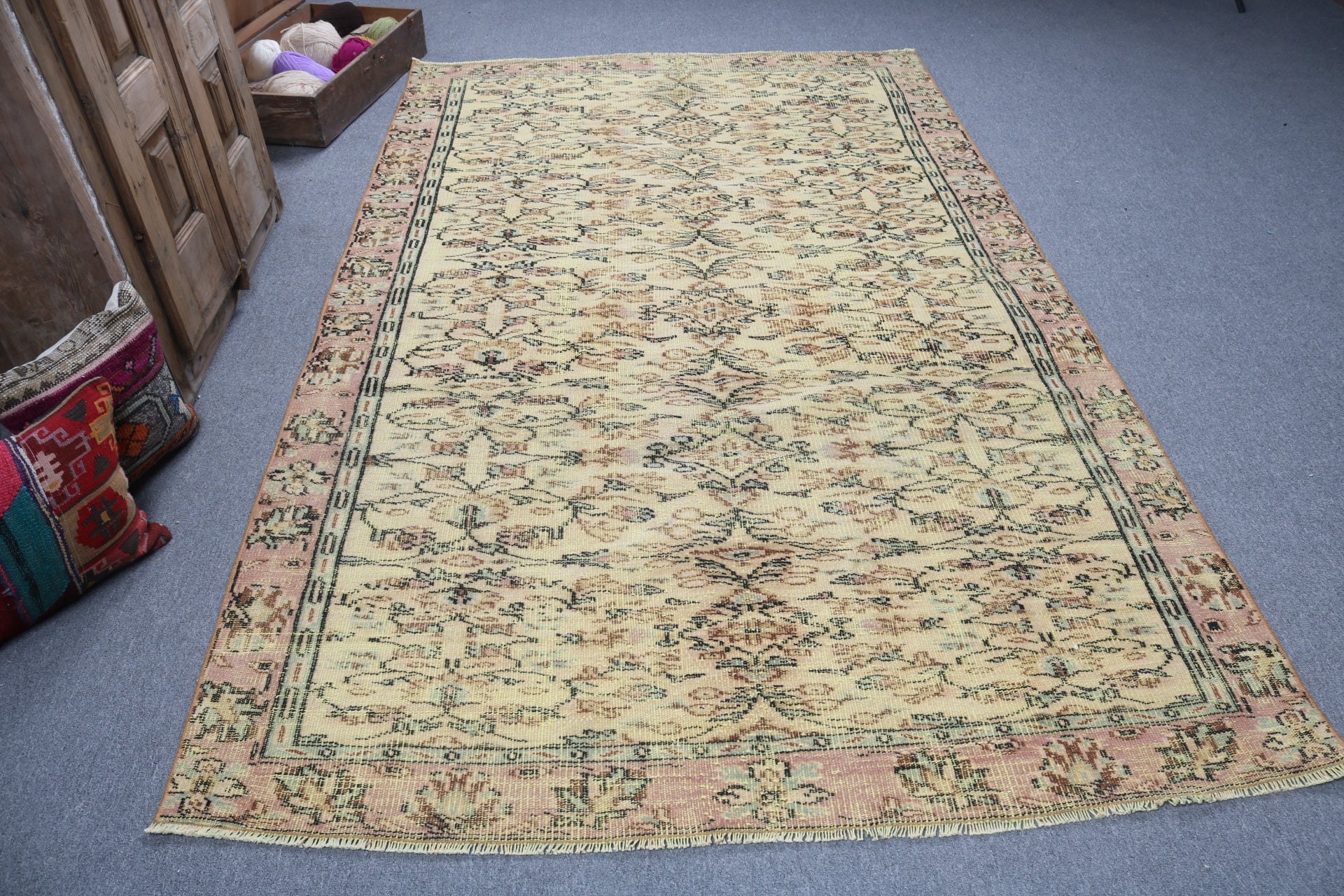 Büyük Vintage Halı, Egzotik Halı, Oturma Odası Halıları, 5.4x8.9 ft Büyük Halılar, Yün Halı, Sarı Boho Halı, Havalı Halılar, Türk Halısı, Vintage Halılar