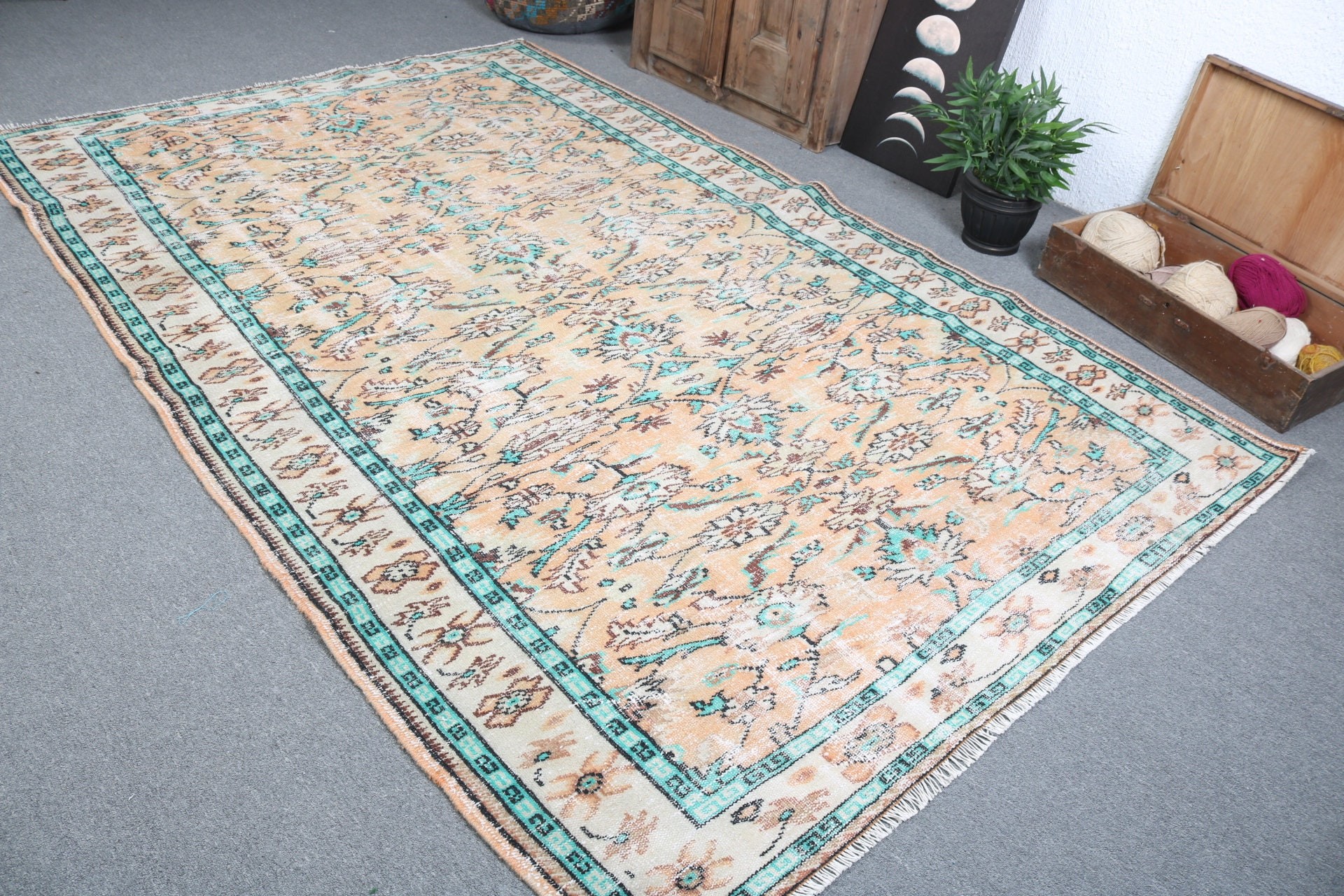 Turuncu Açıklama Halıları, Oushak Halıları, Türk Halısı, Oturma Odası Halıları, Yün Halıları, Vintage Halılar, Bohem Halıları, Yatak Odası Halısı, 6x9,5 ft Büyük Halılar