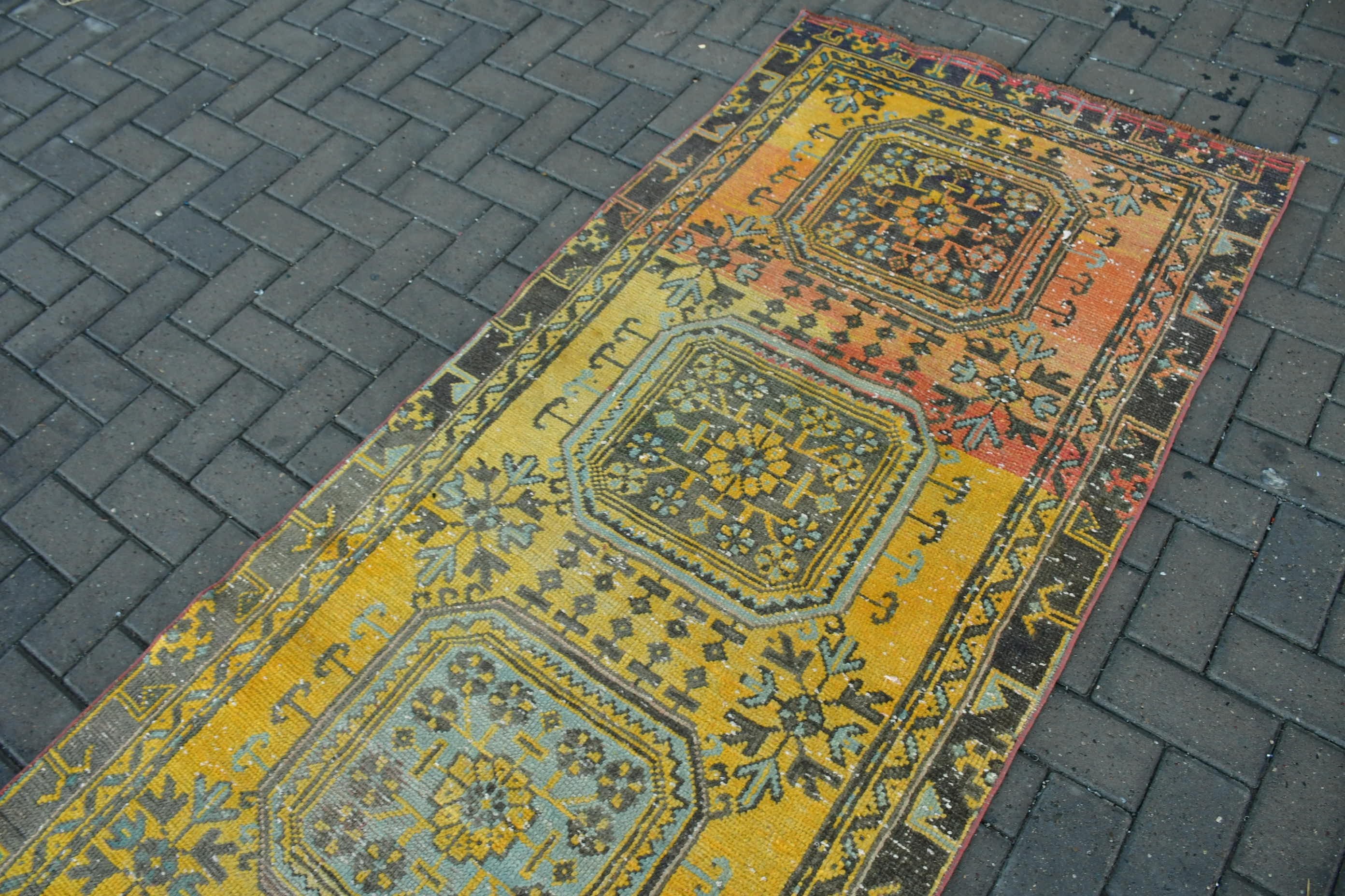 Yellow Cool Rug, 3.3x10.3 ft Runner Rugs, Bedroom Rug, Turkish Rugs, Nomadic Rug, Rugs for Corridor, Vintage Rug, Stair Rugs, Moroccan Rug