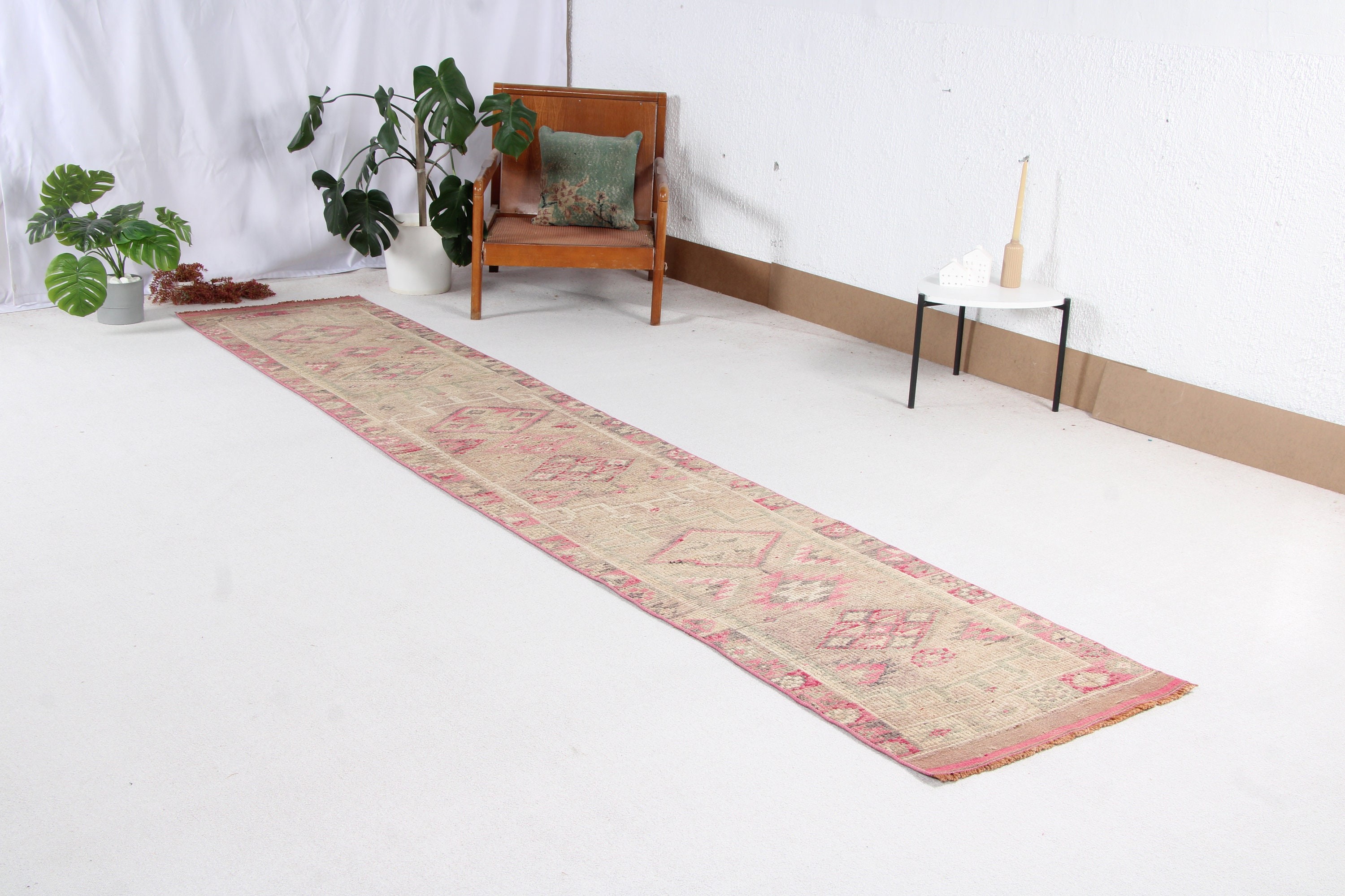 Vintage Halı, Etnik Halı, Türk Halıları, 2.3x12.5 ft Runner Halısı, Beni Ourain Runner Halıları, Kahverengi Oushak Halıları, Havalı Halı, Geometrik Halılar