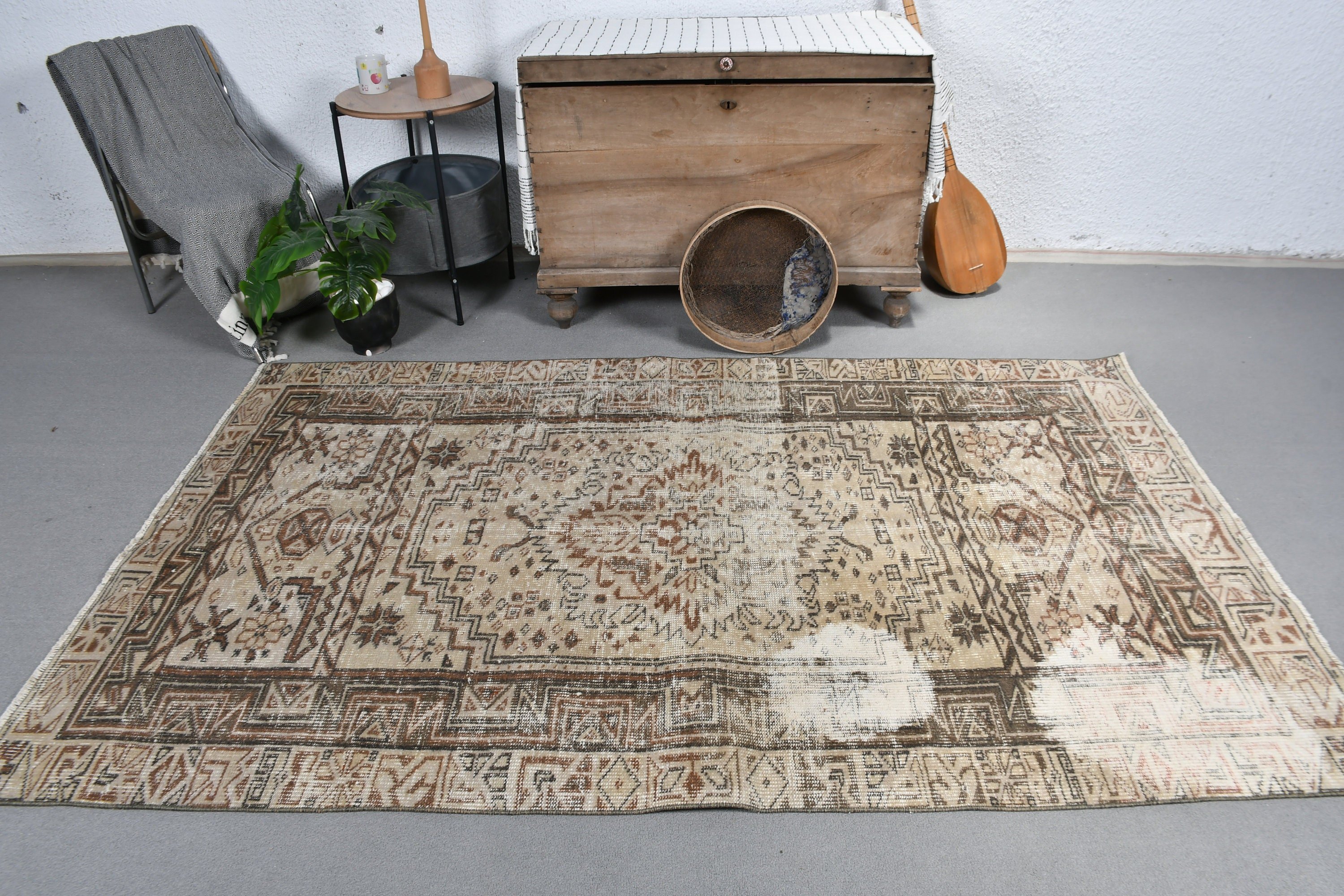 Yün Halılar, Eskitilmiş Halı, Çocuk Odası Halıları, Vintage Halılar, İç Mekan Halısı, 4.6x7.5 ft Alan Halısı, Türk Halıları, Bej Mutfak Halısı