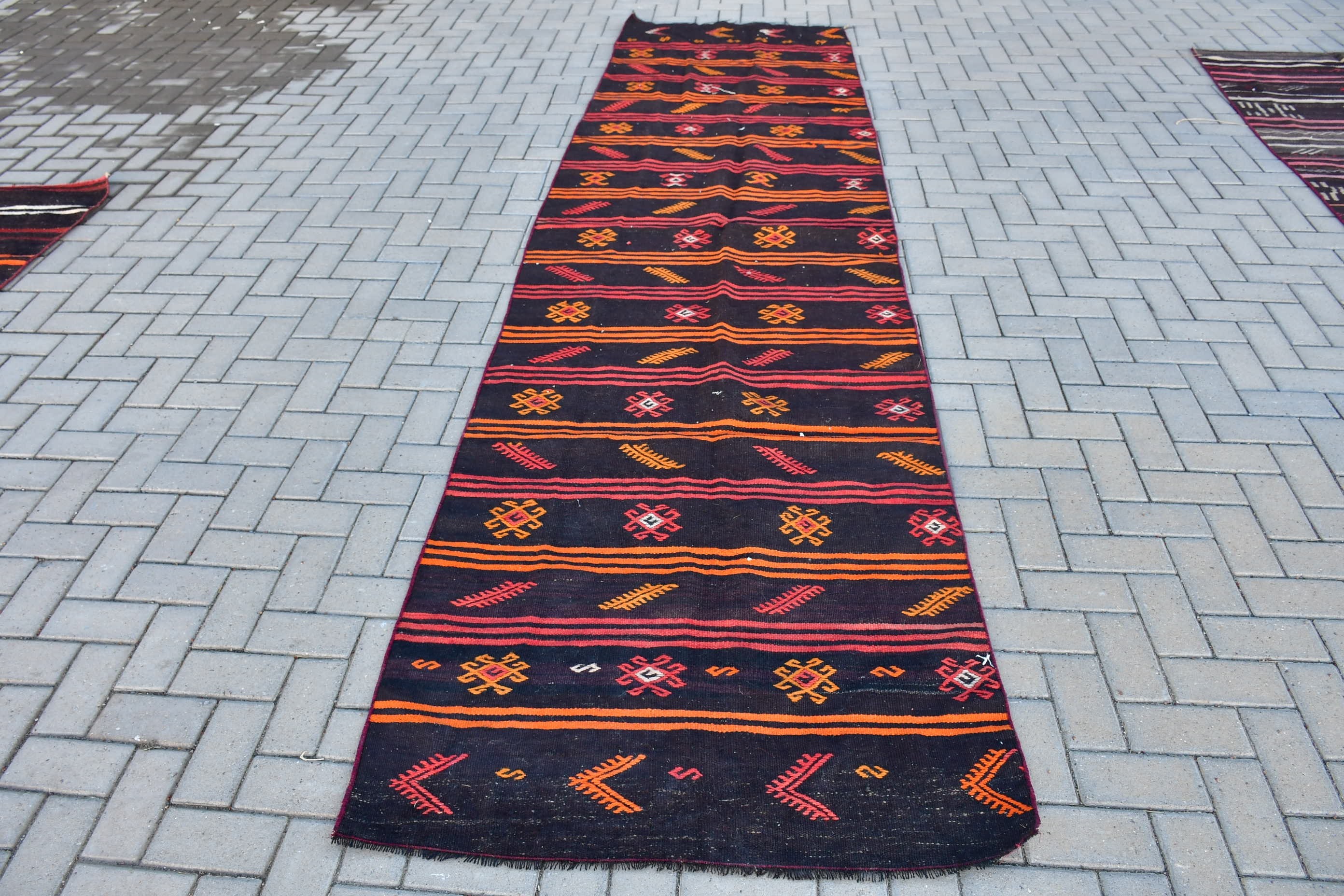 Corridor Rug, Vintage Rug, Rugs for Runner, Bedroom Rug, Anatolian Rugs, Turkish Rugs, Kilim, Black  3.5x13 ft Runner Rug