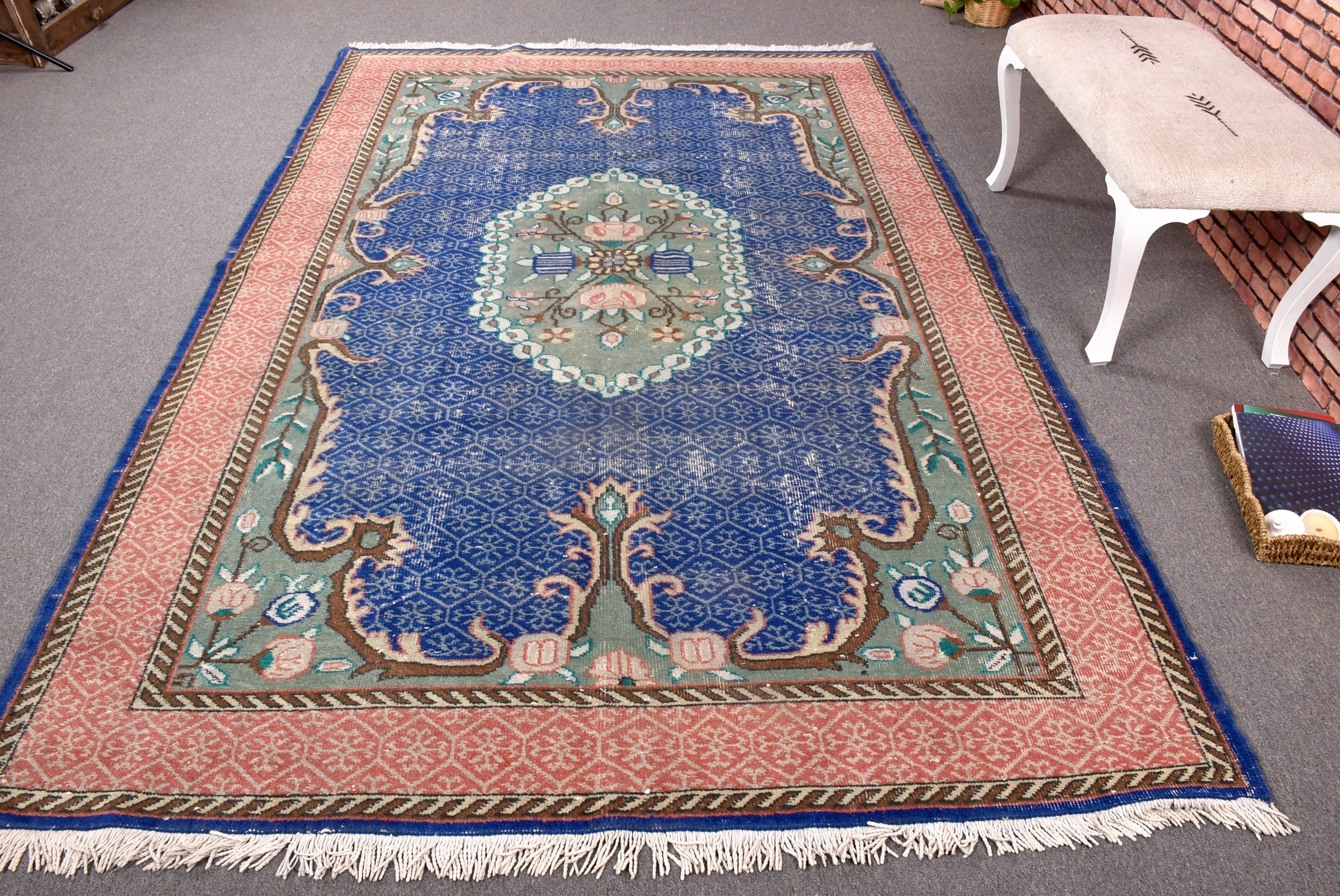 Kabile Halıları, Büyük Oushak Halısı, Modern Halılar, Mavi Boho Halıları, 6,3x9,7 ft Büyük Halıları, Oushak Halısı, Türk Halıları, Vintage Halı, Oturma Odası Halıları