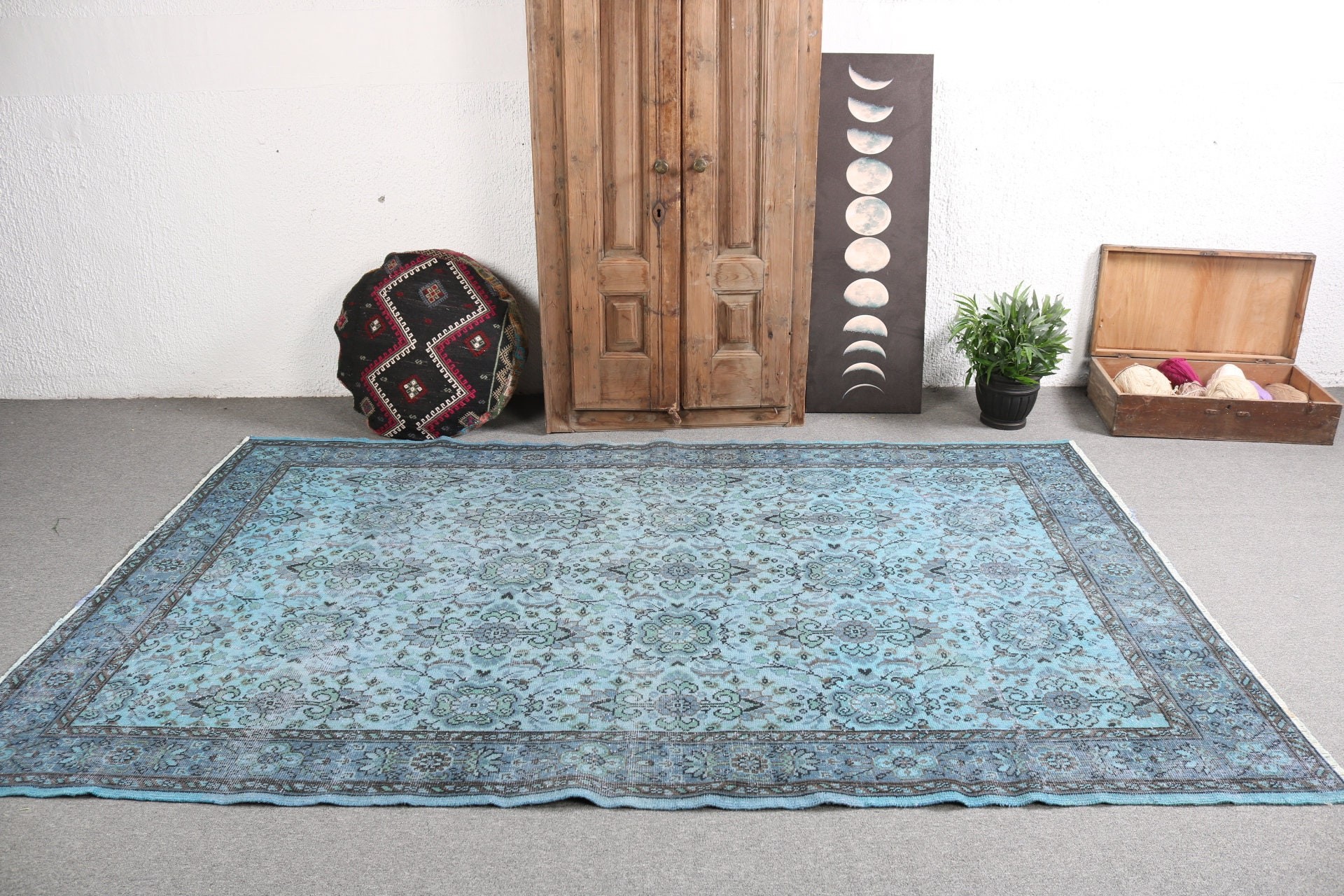 Türk Halıları, Yemek Odası Halısı, 5.8x9 ft Büyük Halı, Düz Dokuma Halılar, Mutfak Halısı, Mavi Mutfak Halısı, Büyük Vintage Halılar, Vintage Halılar