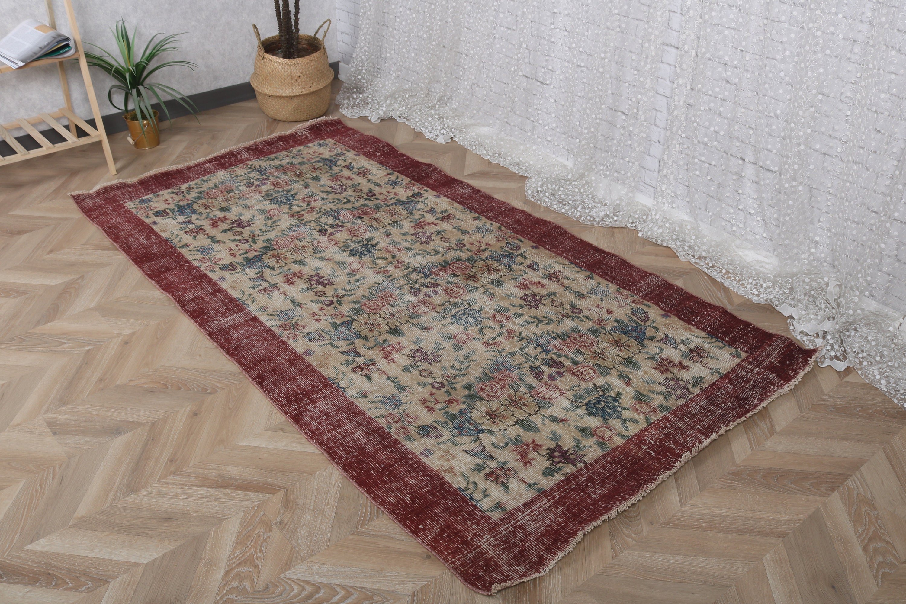 Vintage Rug, Beige Anatolian Rugs, Rugs for Floor, Living Room Rugs, Bedroom Rugs, 3.7x7.2 ft Area Rug, Geometric Rugs, Turkish Rug