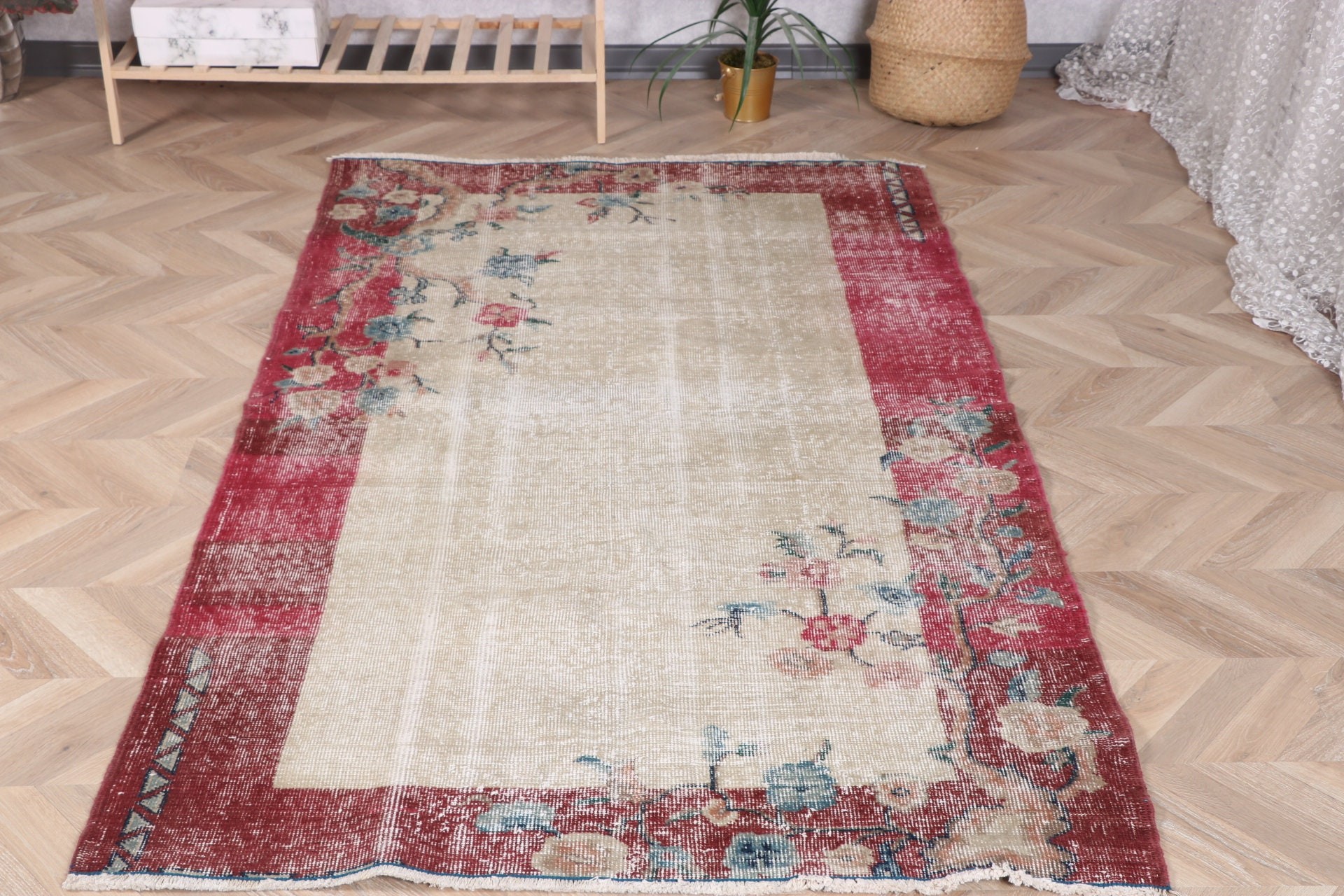 Turkish Rug, Wool Rug, Rugs for Living Room, Indoor Rugs, Vintage Rug, Floor Rug, 3.8x6.6 ft Area Rugs, Red Neutral Rug, Modern Rugs