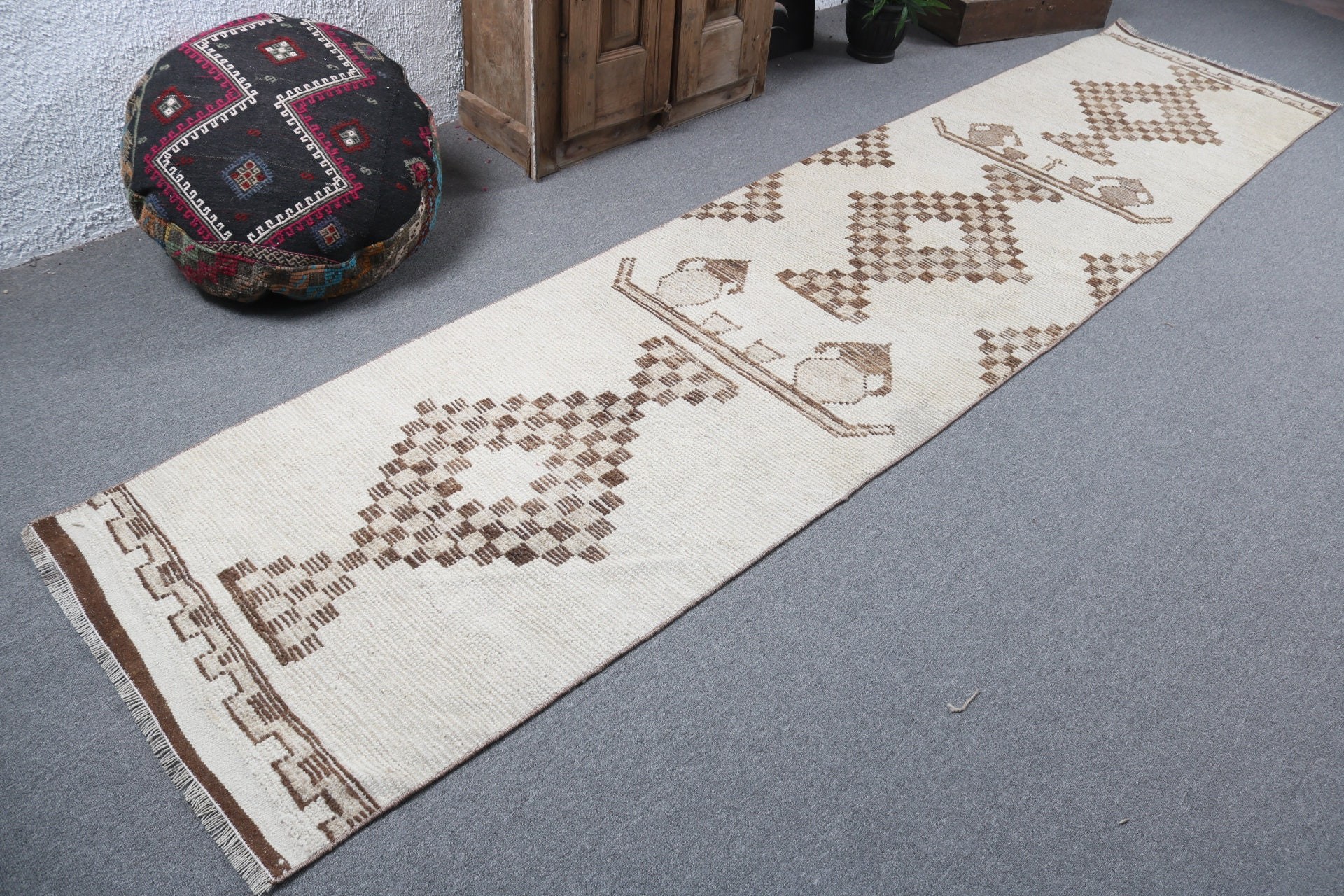 Oushak Rugs, 2.7x12.6 ft Runner Rugs, Vintage Rugs, Hallway Rugs, Beige Handwoven Rug, Geometric Rug, Turkish Rug, Vintage Runner Rug