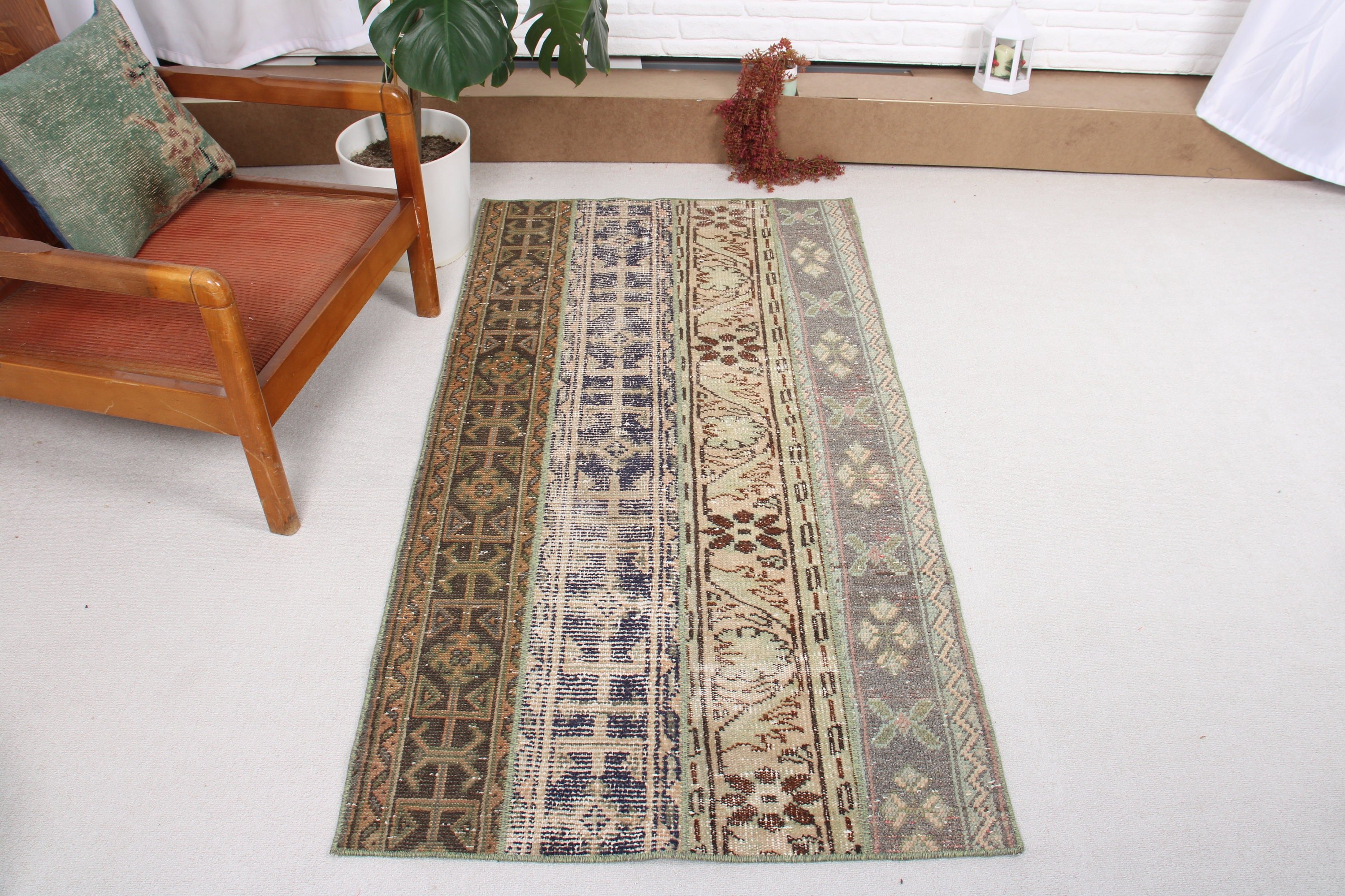 Boho Halı, Modern Halı, Yeşil Açıklama Halısı, Giriş Halısı, Bohem Halıları, 2,9x5,5 ft Aksan Halıları, Vintage Halı, Türk Halıları, Dekoratif Halılar