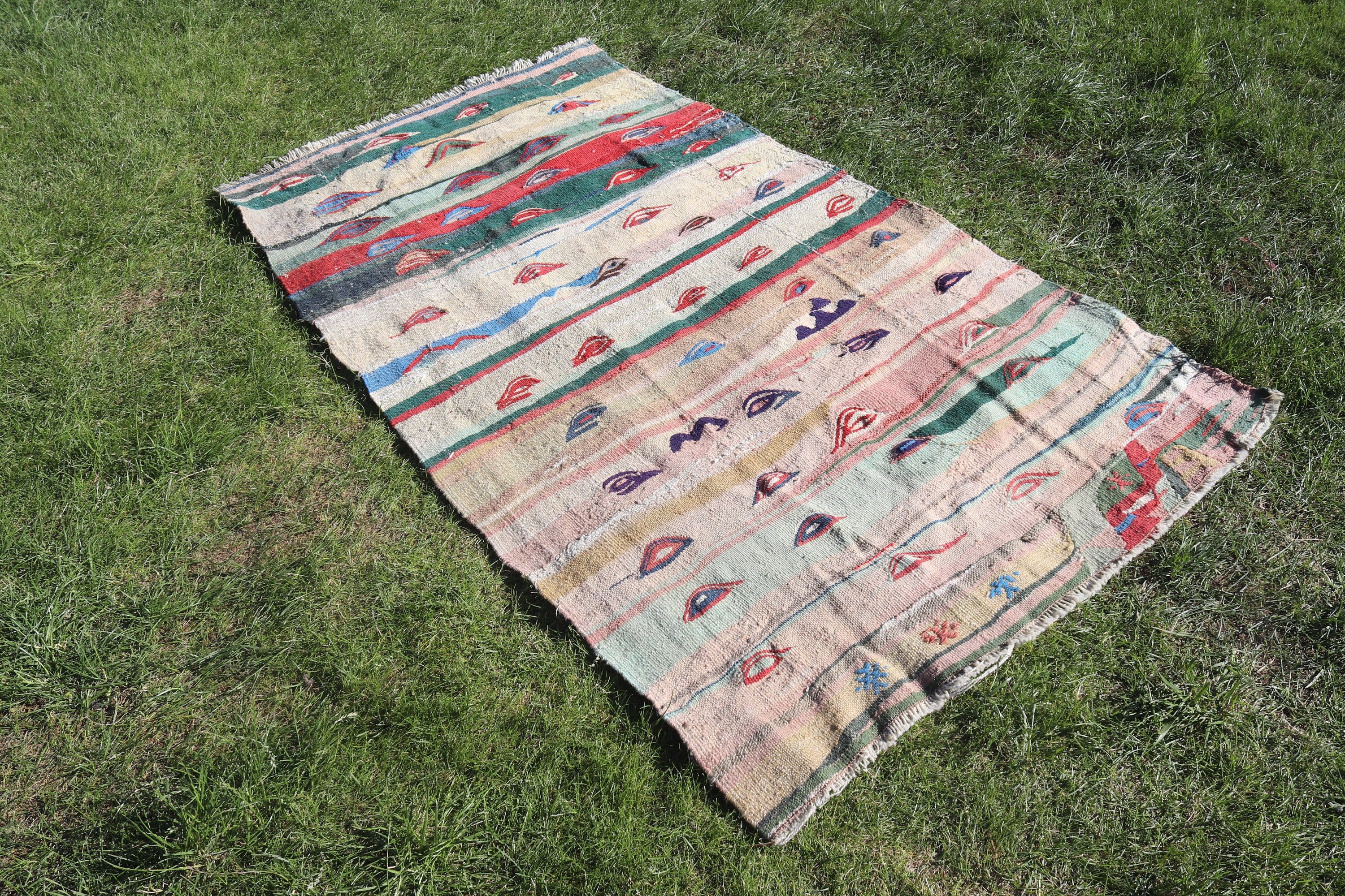 Dekoratif Halılar, Bej Antika Halı, 3,5x5,9 ft Vurgulu Halılar, Düz Dokuma Halı, Boho Vurgulu Halı, Vintage Halılar, Lüks Halılar, Türk Halıları