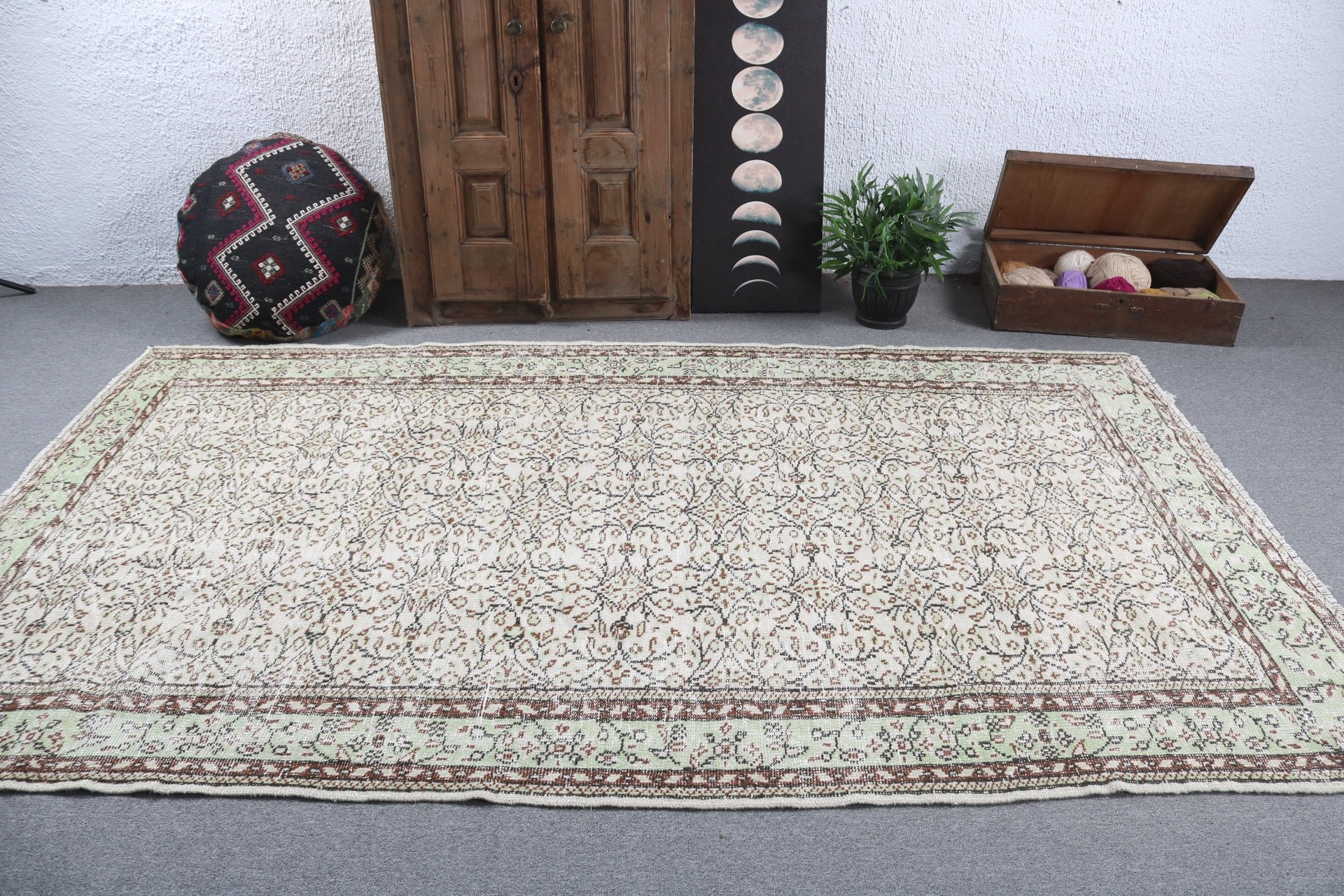 Yeşil Boho Halılar, Büyük Oushak Halılar, 5.7x9.6 ft Büyük Halılar, Türk Halıları, Oushak Halılar, El Dokuma Halı, Vintage Halılar, Büyük Boho Halılar