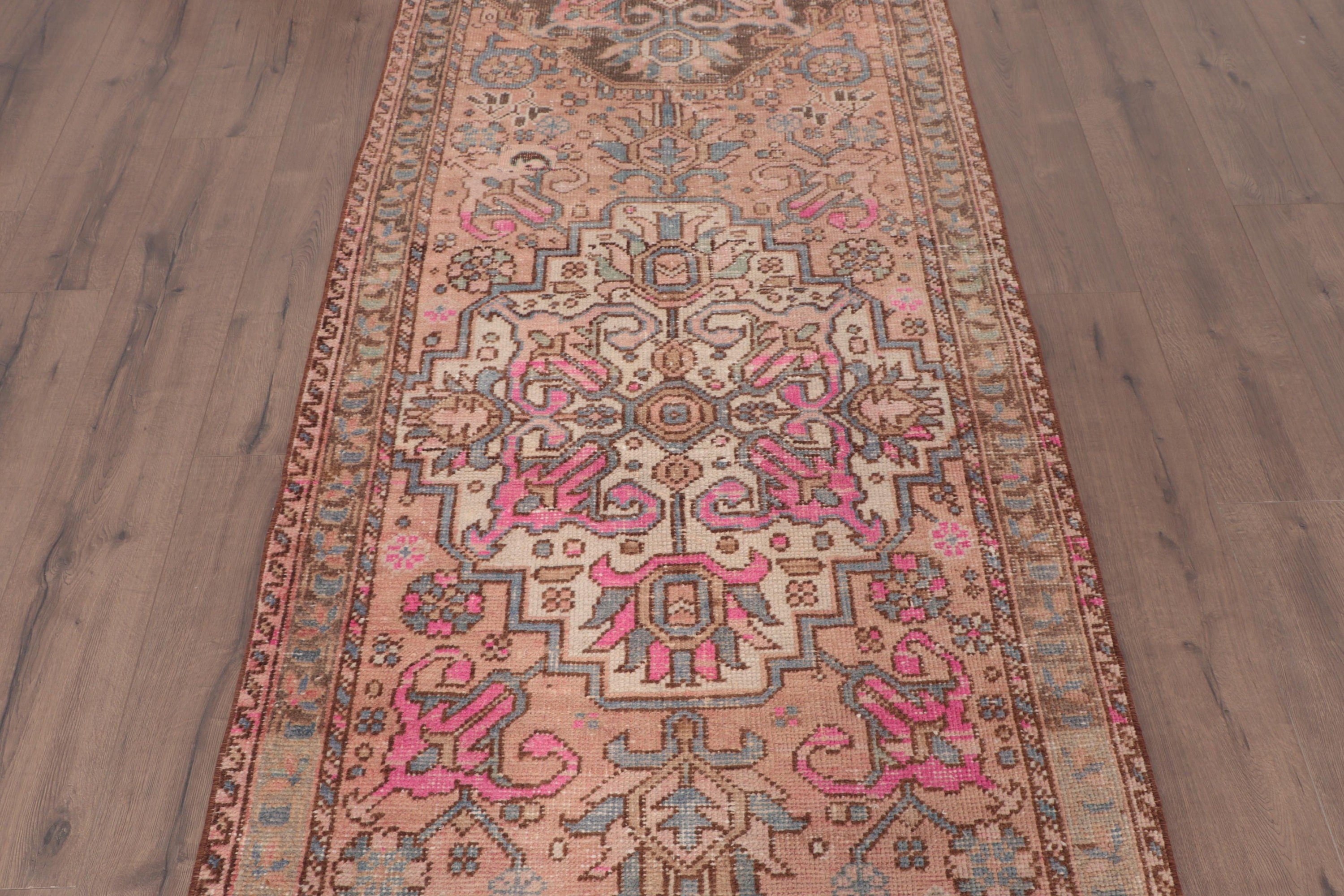 Turkish Rugs, Vintage Rugs, 3.4x12.4 ft Runner Rugs, Hallway Rugs, Wool Rug, Rugs for Kitchen, Pink Floor Rug, Bedroom Rug, Corridor Rug