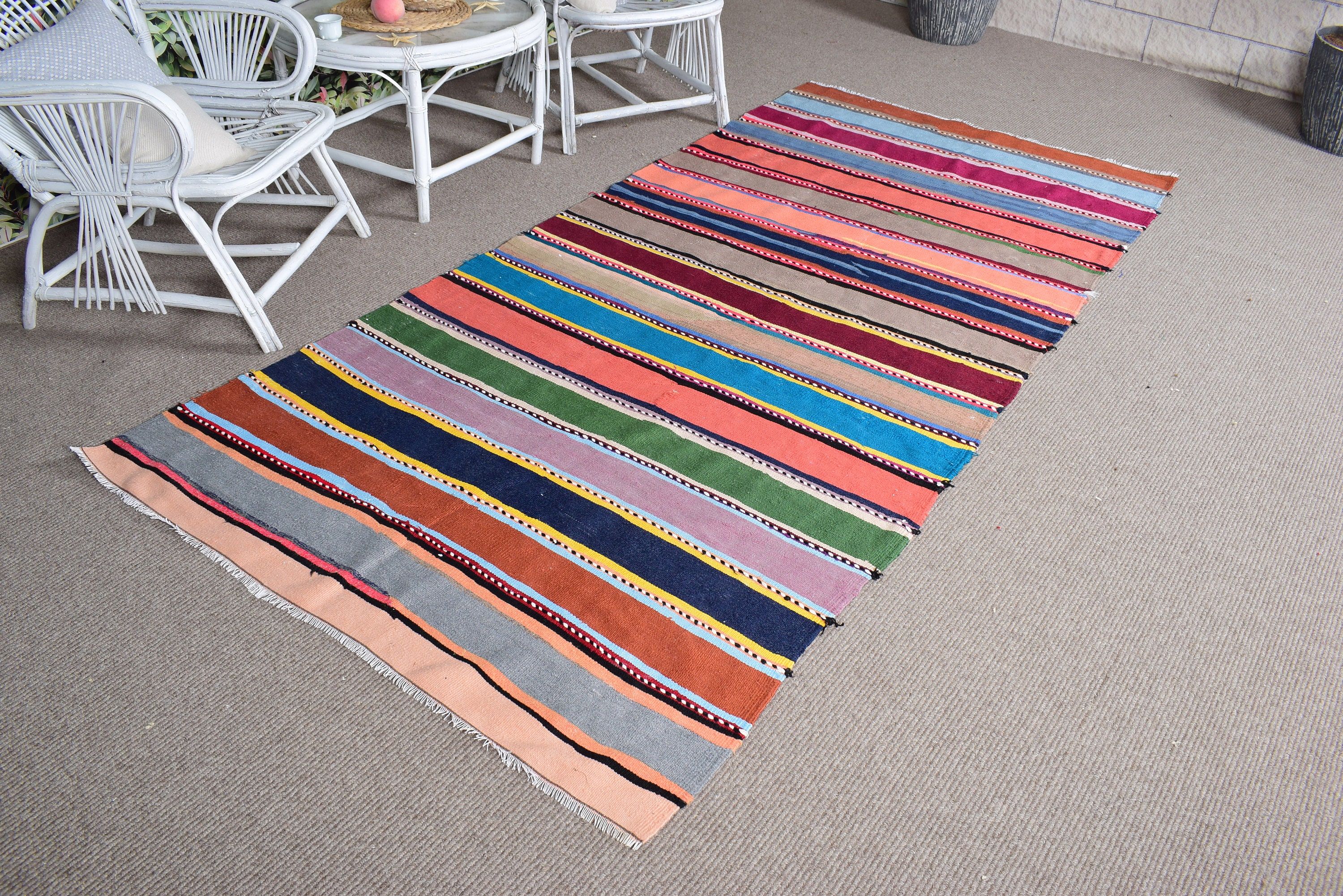 Kilim, Çocuk Odası Halıları, Türk Halısı, 4,3x8,9 ft Alan Halıları, Gökkuşağı Oushak Halısı, Mutfak Halısı, Çocuk Halısı, Vintage Halılar