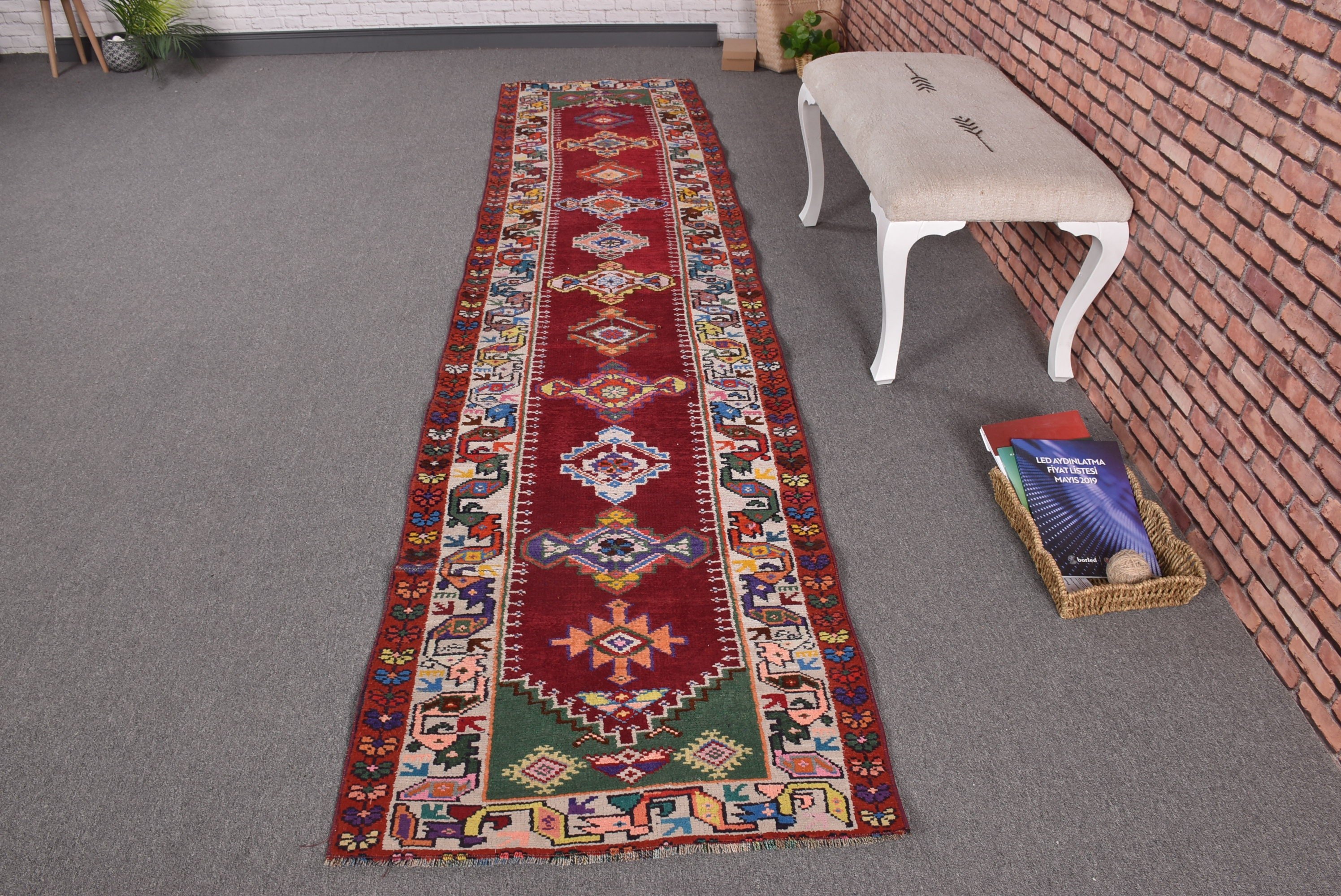 Yün Halılar, Türk Halıları, Kırmızı Oushak Halısı, Mutfak Halıları, Dış Mekan Halısı, 2,6x10,7 ft Runner Halısı, Vintage Halı, Uzun Koşucu Halıları, Fas Halısı