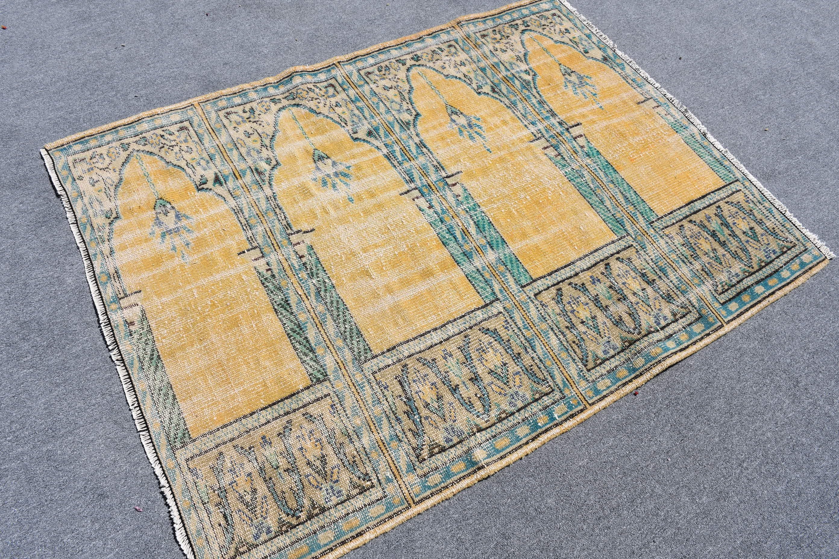 Entry Rug, Turkish Rug, Home Decor Rug, Vintage Rug, Wool Rug, 4x5.2 ft Accent Rugs, Yellow Floor Rug, Bedroom Rugs, Rugs for Entry