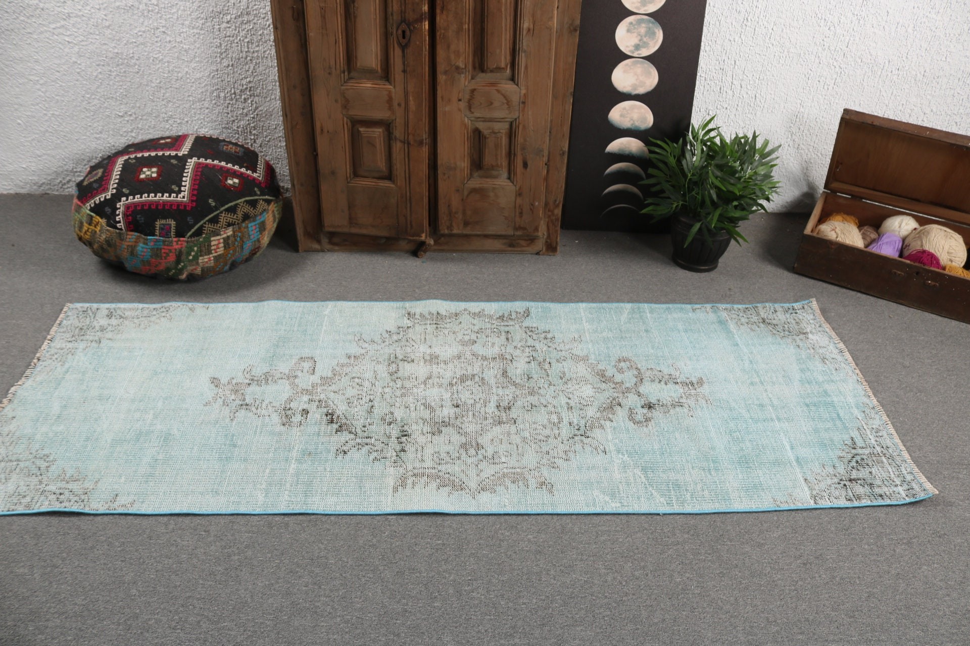 Turkish Rugs, Kitchen Rug, Beni Ourain Runner Rug, Antique Rug, 2.7x7.5 ft Runner Rug, Moroccan Rug, Vintage Rugs, Green Modern Rug