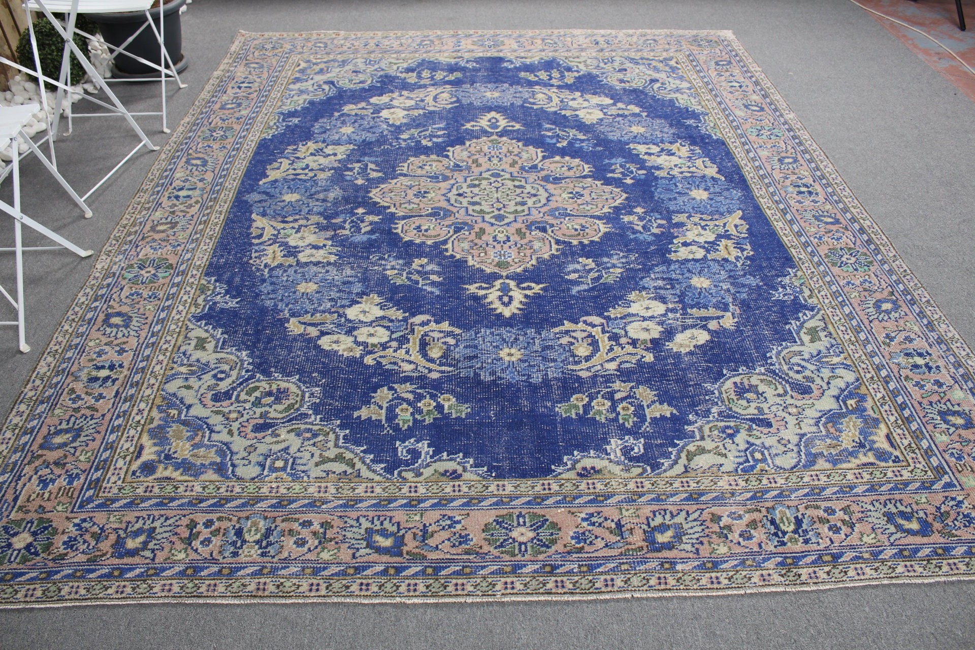 7.8x9.5 ft Büyük Boy Halı, Oturma Odası Halısı, Türk Halısı, Vintage Halı, Eski Halı, Mavi Oryantal Halılar, Oushak Halıları, Ev Dekor Halıları, Salon Halısı