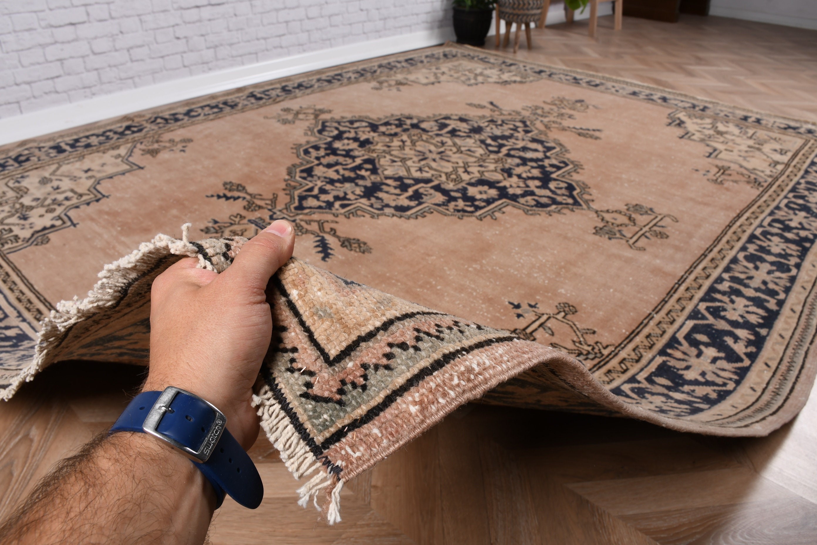 Modern Halılar, Mavi Boho Halı, Geometrik Halılar, Büyük Oushak Halılar, 6,8x8,6 ft Büyük Halı, Türk Halıları, Oushak Halı, Vintage Halı, Yemek Odası Halısı