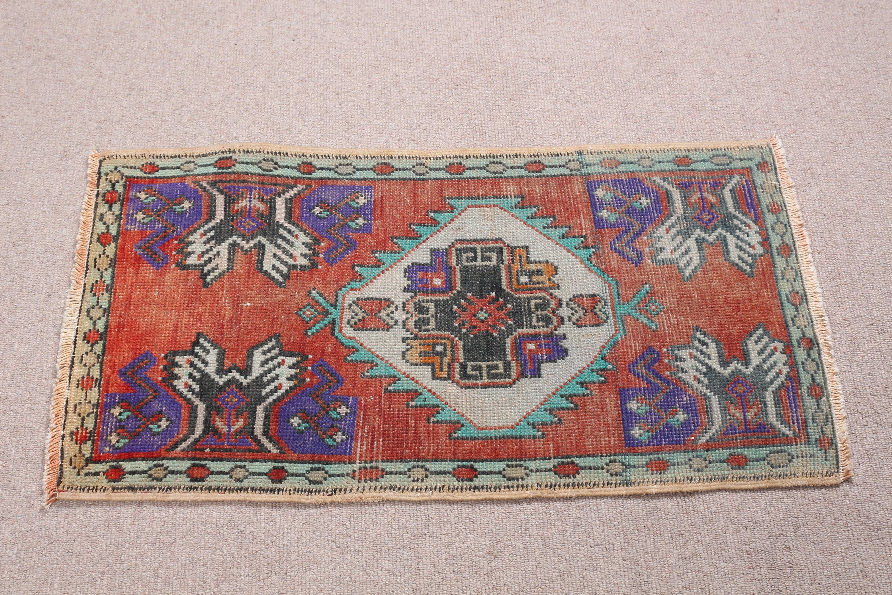 Oushak Rug, Wool Bath Mat Rug, Turkish Rug, Bathroom Rugs, Door Mat Rug, Red  1.5x2.9 ft Small Rug, Vintage Rug